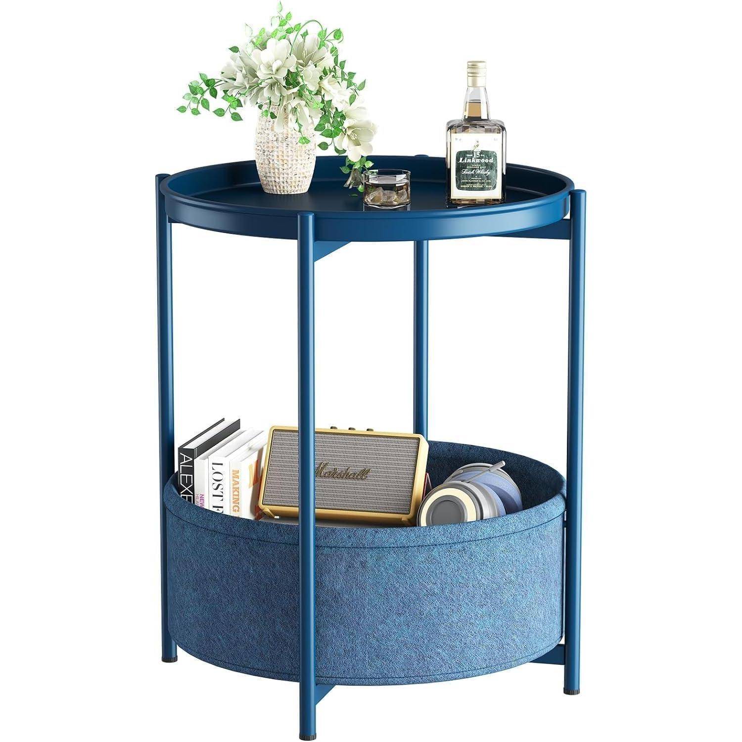 Runder Beistelltisch Stoffkorb Nachttisch Moderner Stil Blau