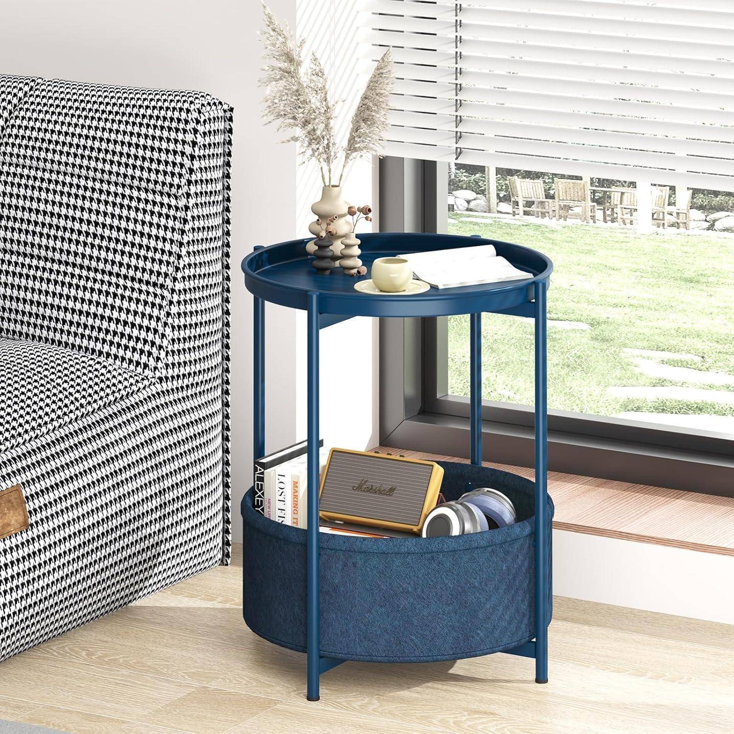 Runder Beistelltisch Stoffkorb Nachttisch Moderner Stil Blau