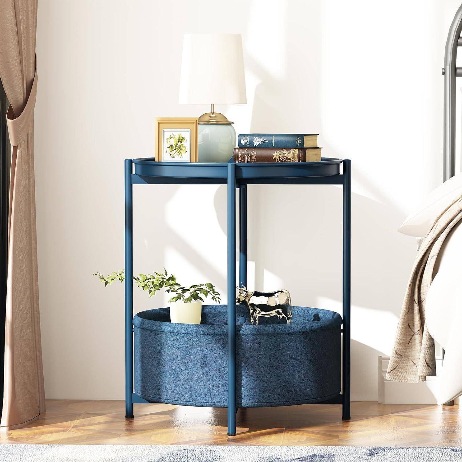 Runder Beistelltisch Stoffkorb Nachttisch Moderner Stil Blau