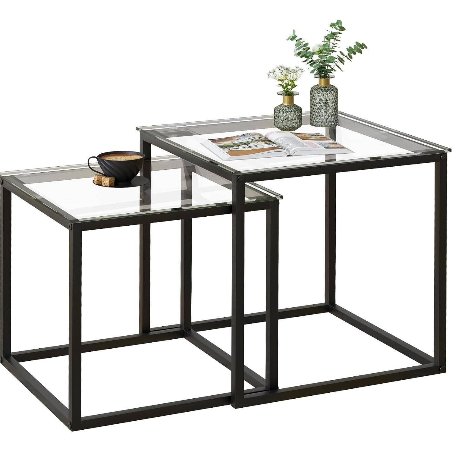 Quadratische Glas Couchtische Set, Modern, Schwarz, 2er Set, 50/45 cm