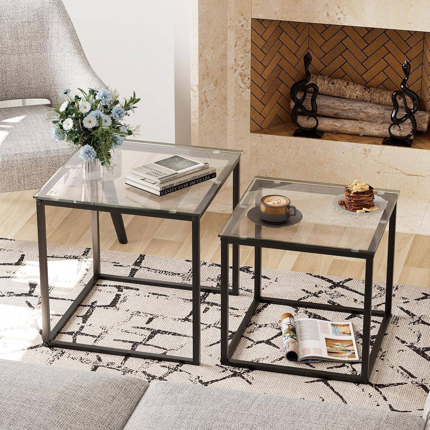 Quadratische Glas Couchtische Set, Modern, Schwarz, 2er Set, 50/45 cm