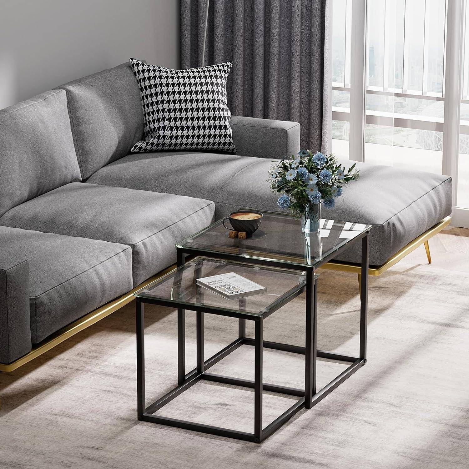 Quadratische Glas Couchtische Set, Modern, Schwarz, 2er Set, 50/45 cm