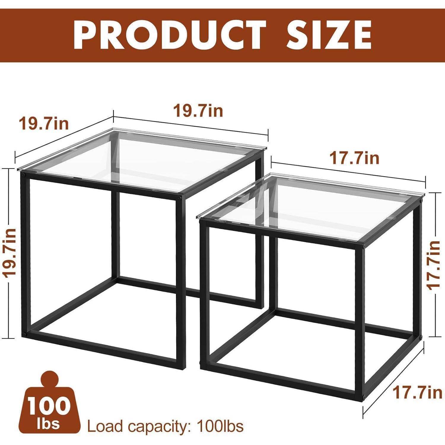 Quadratische Glas Couchtische Set, Modern, Schwarz, 2er Set, 50/45 cm