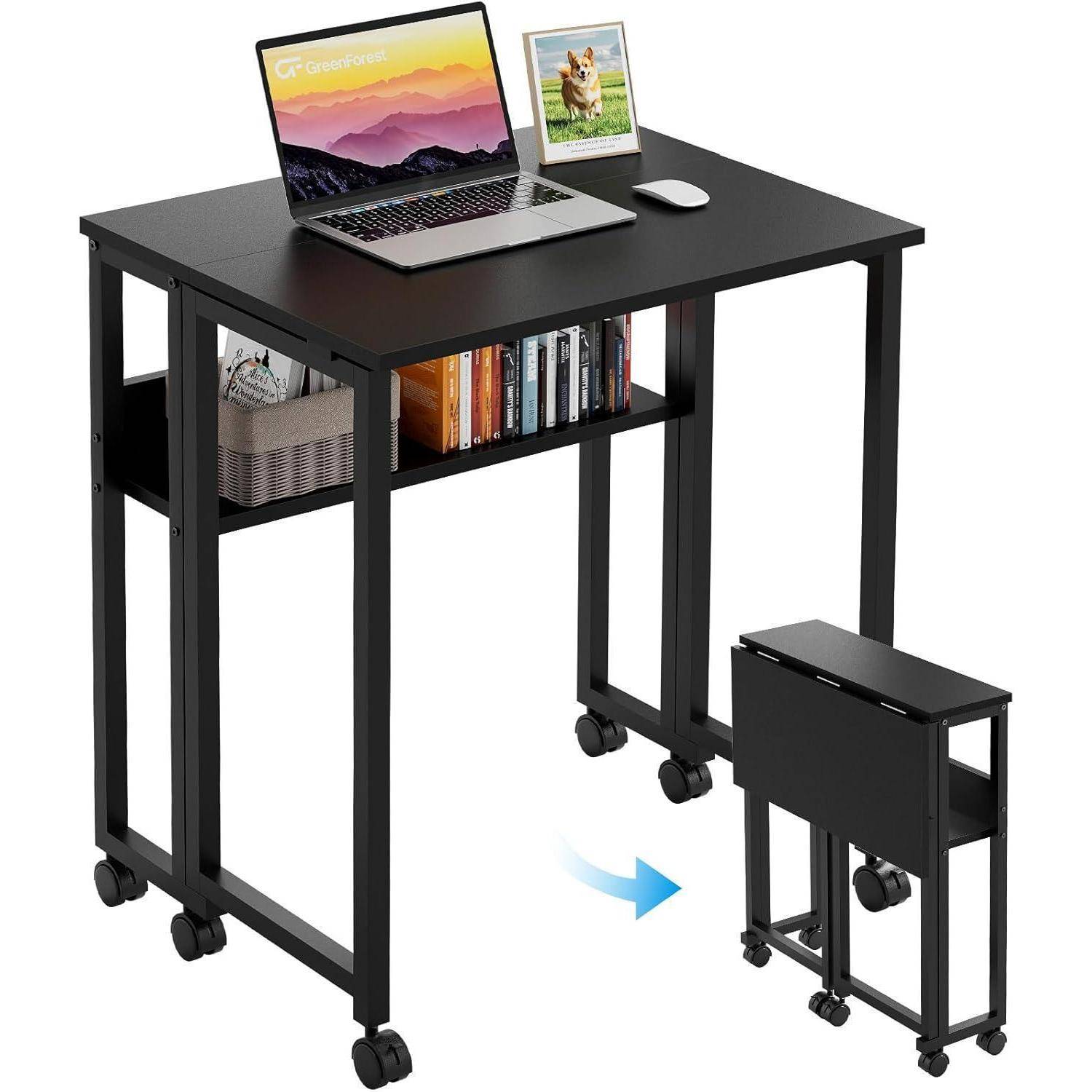 Kleiner Klappschreibtisch 63 cm Rollen Schwarz Stauraum Einfache