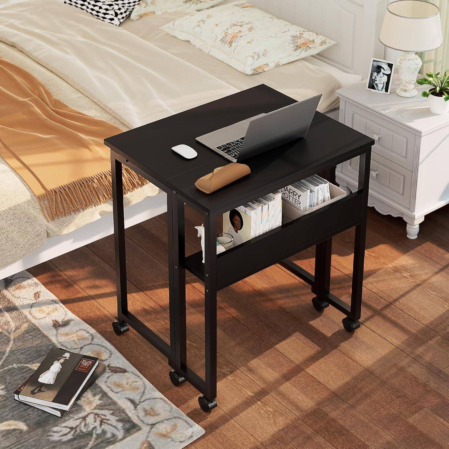 Kleiner Klappschreibtisch 63 cm Rollen Schwarz Stauraum Einfache
