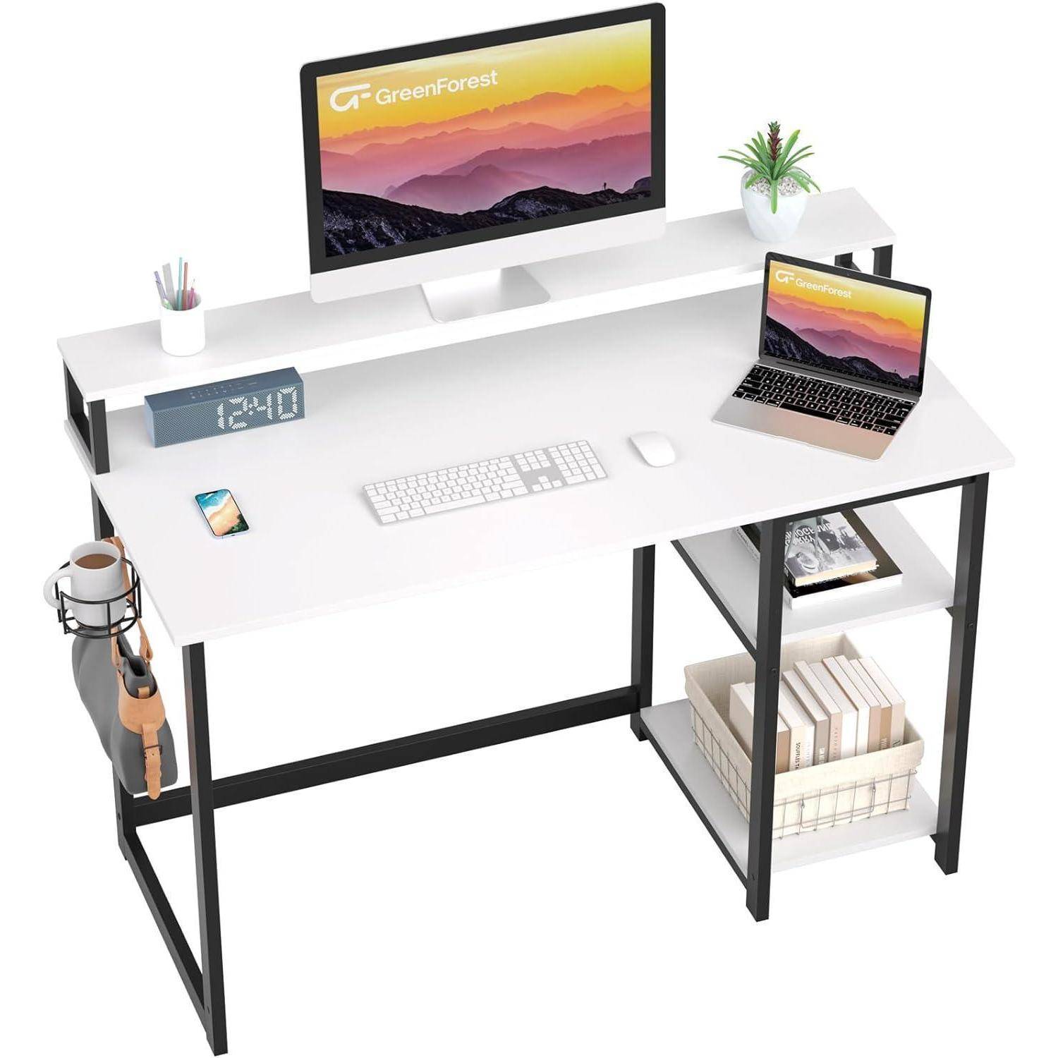 Schreibtisch 100x50cm Weiß mit Regal und Monitorständer Home Office