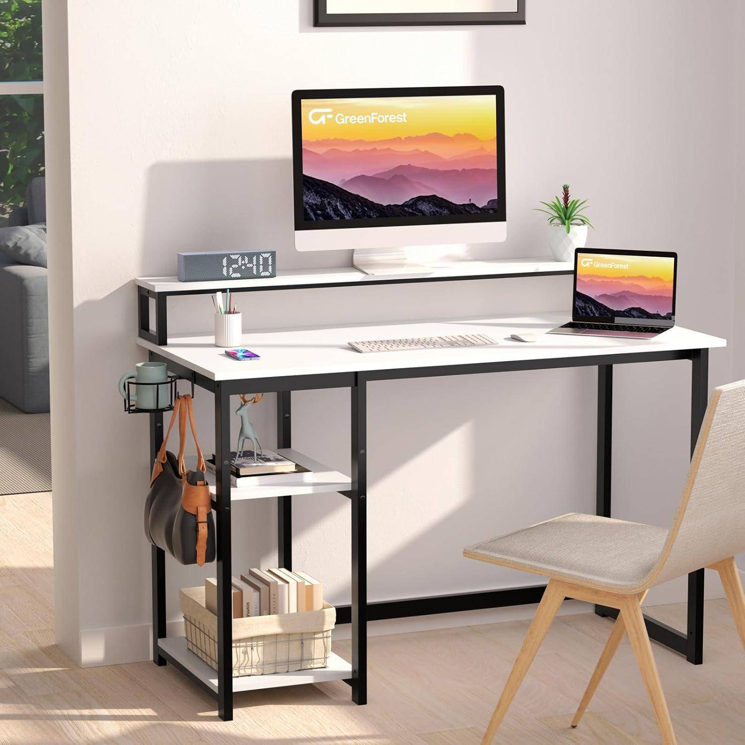Schreibtisch 100x50cm Weiß mit Regal und Monitorständer Home Office
