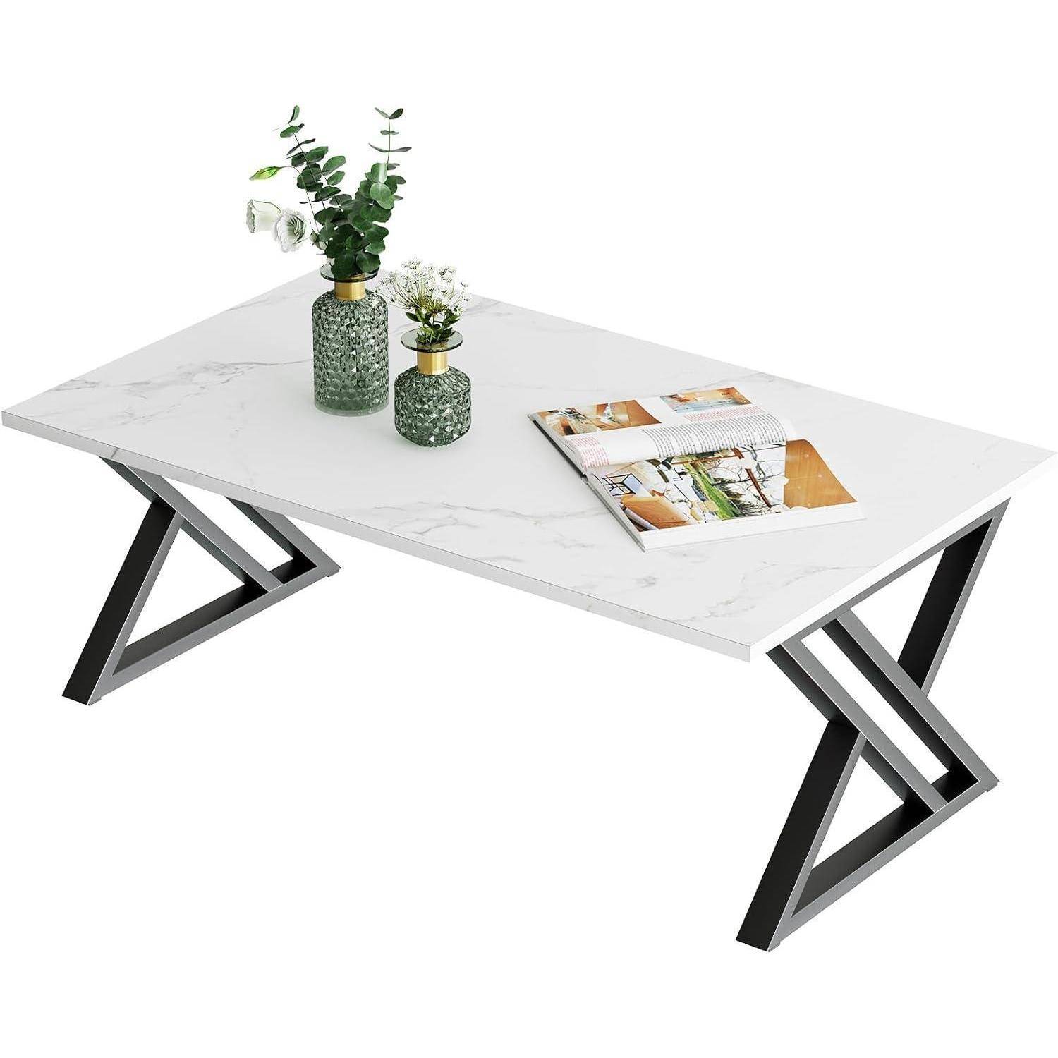 Couchtisch Holz Weiß Schwarz 100x48x55cm Marmor Metallgestell