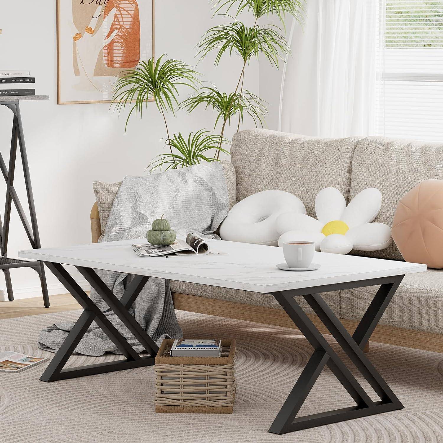 Couchtisch Holz Weiß Schwarz 100x48x55cm Marmor Metallgestell