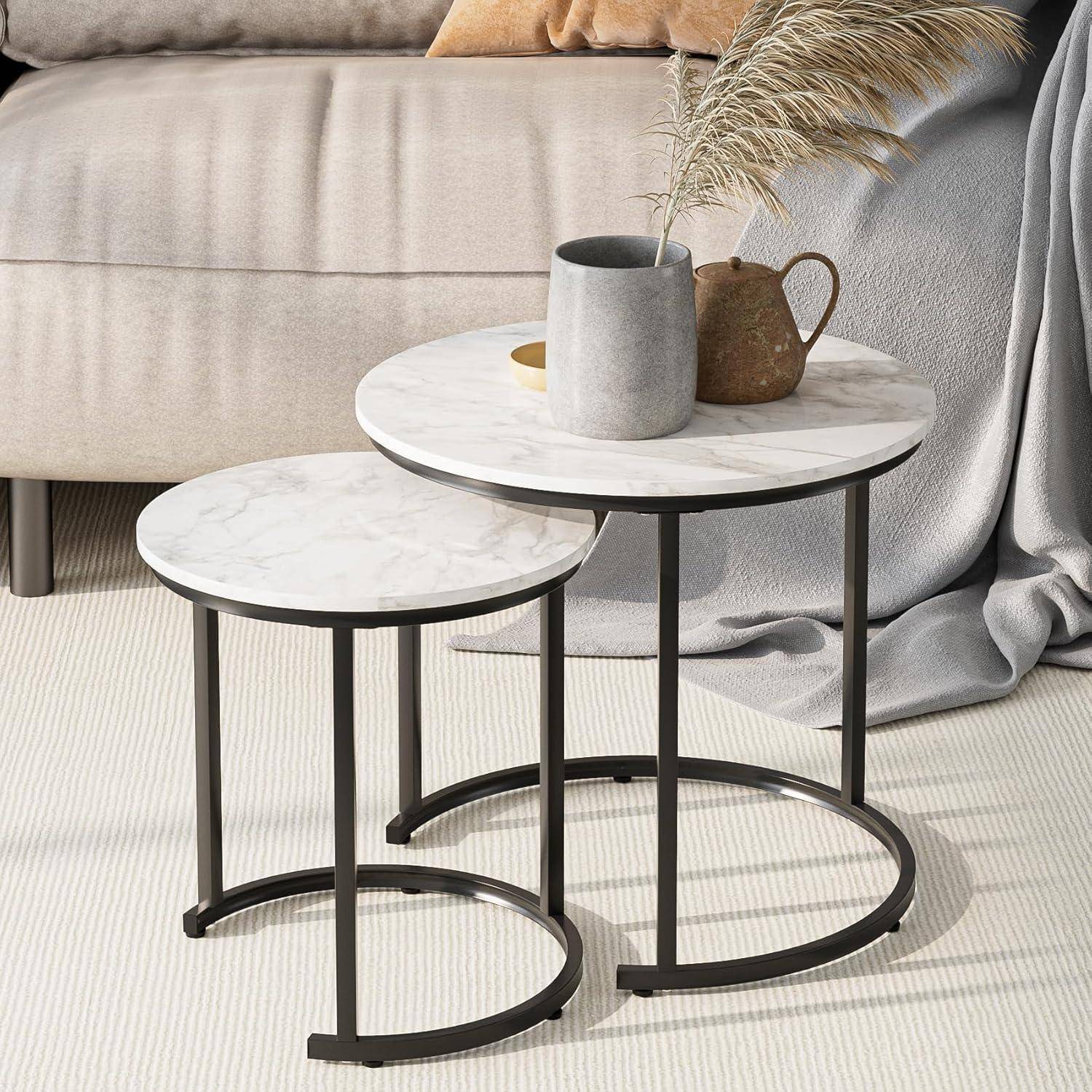 Runder Couchtisch 2er Set Gold Metall Marmor Wohnzimmertisch