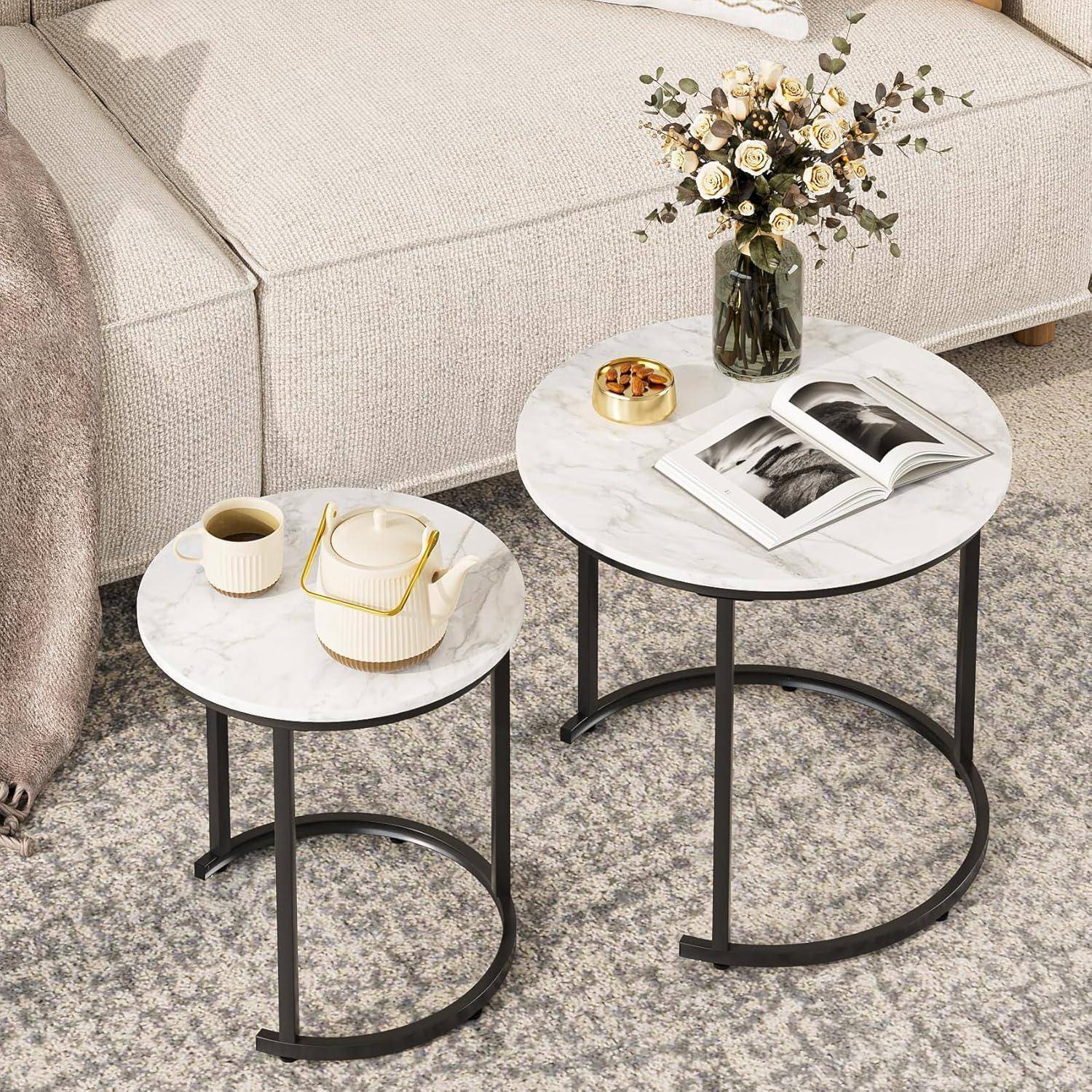 Runder Couchtisch 2er Set Gold Metall Marmor Wohnzimmertisch