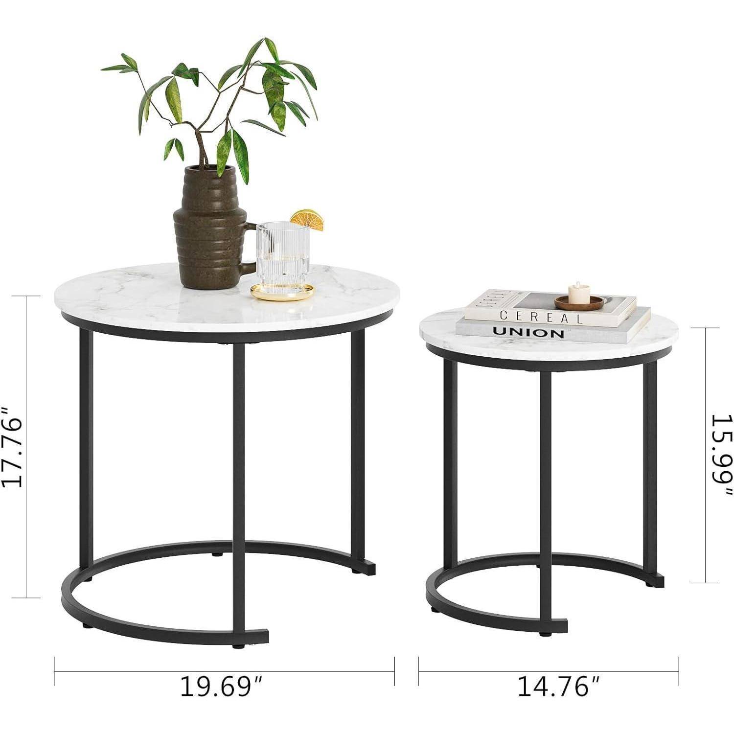 Runder Couchtisch 2er Set Gold Metall Marmor Wohnzimmertisch