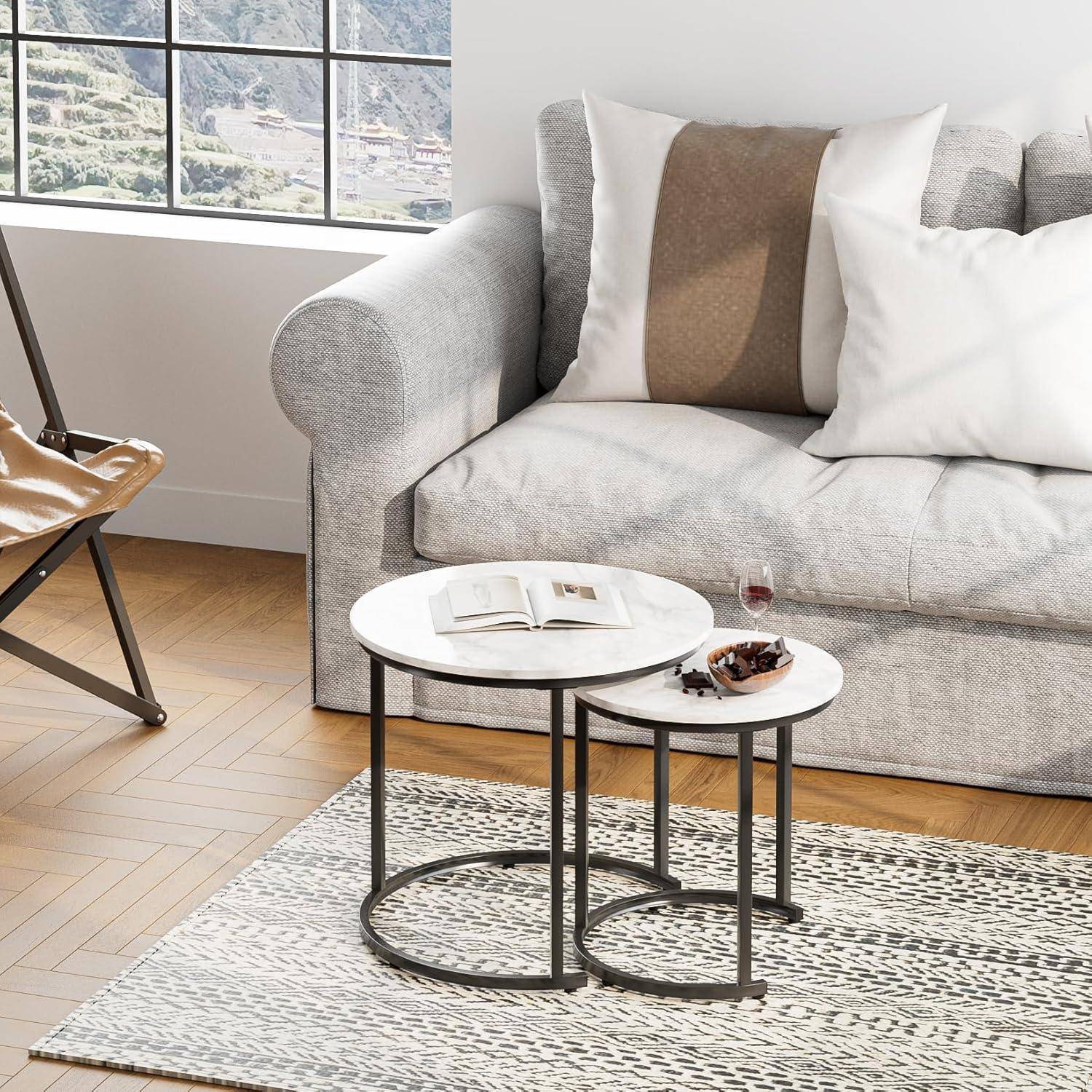 Runder Couchtisch 2er Set Gold Metall Marmor Wohnzimmertisch