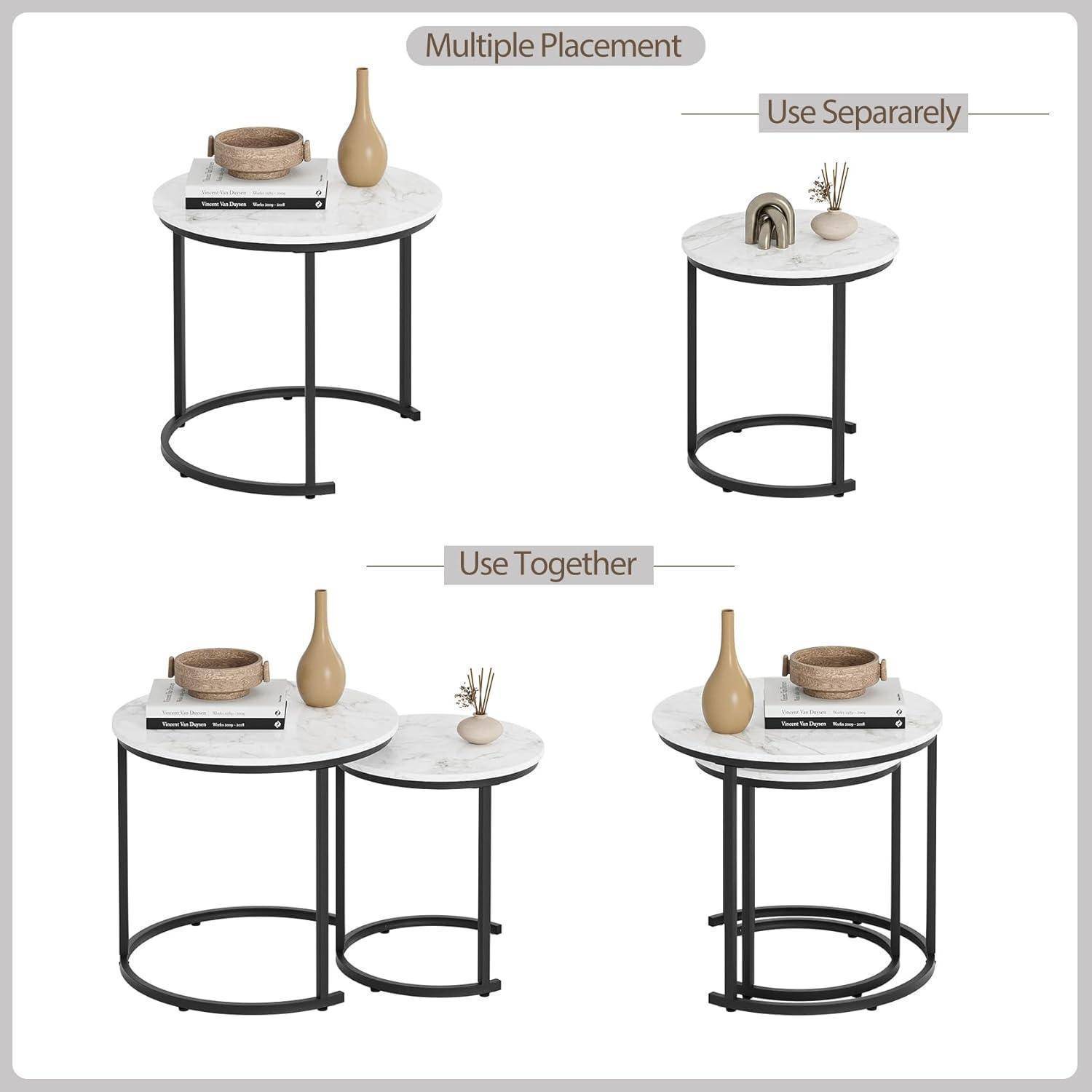 Runder Couchtisch 2er Set Gold Metall Marmor Wohnzimmertisch