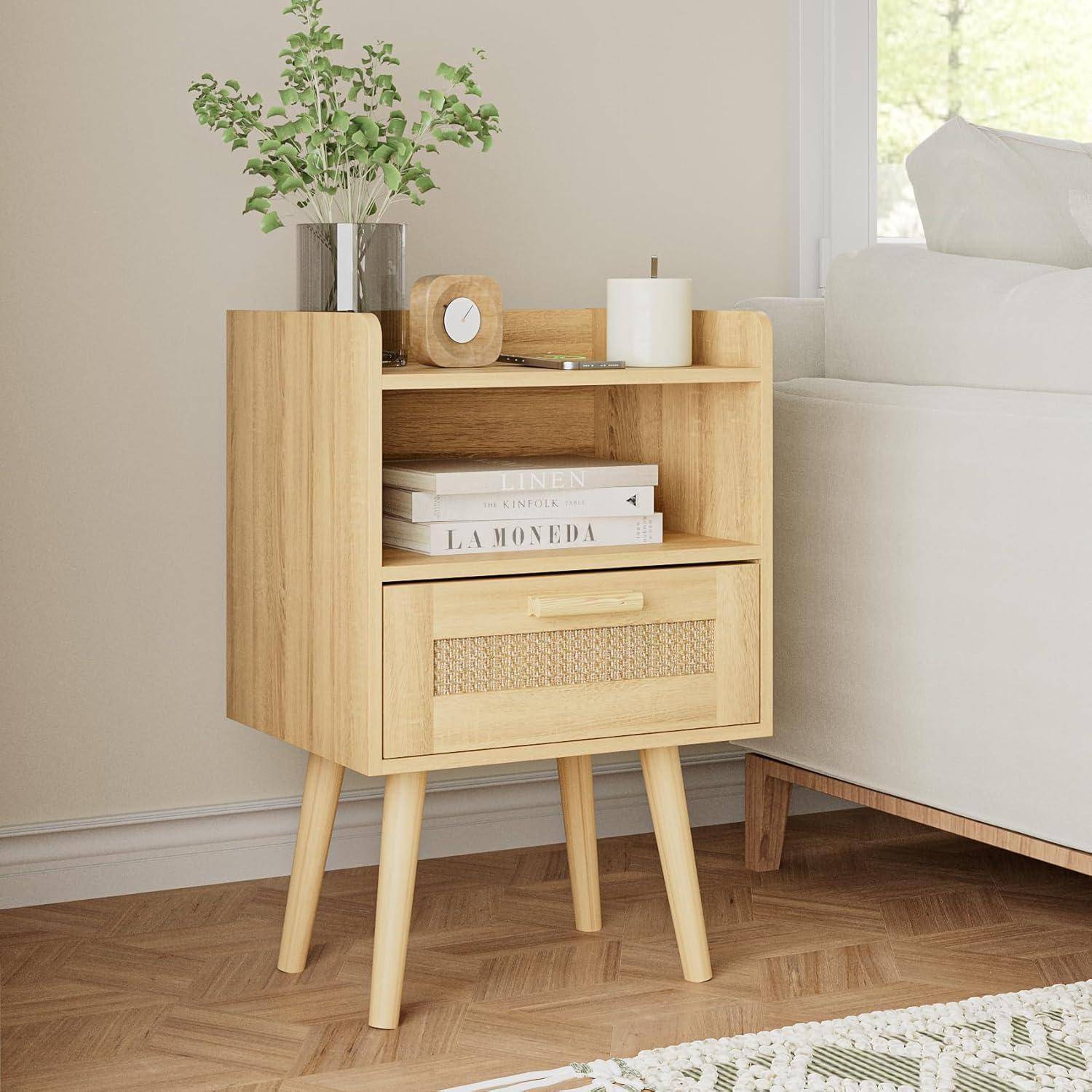 Nachttisch Rattan Beistelltisch Schublade Nachtkommode Holz Beine Schw
