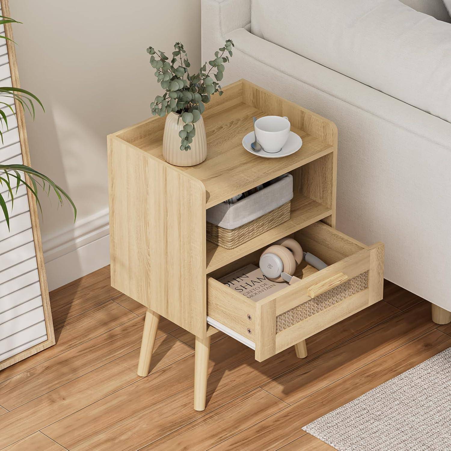 Nachttisch Rattan Beistelltisch Schublade Nachtkommode Holz Beine Schw