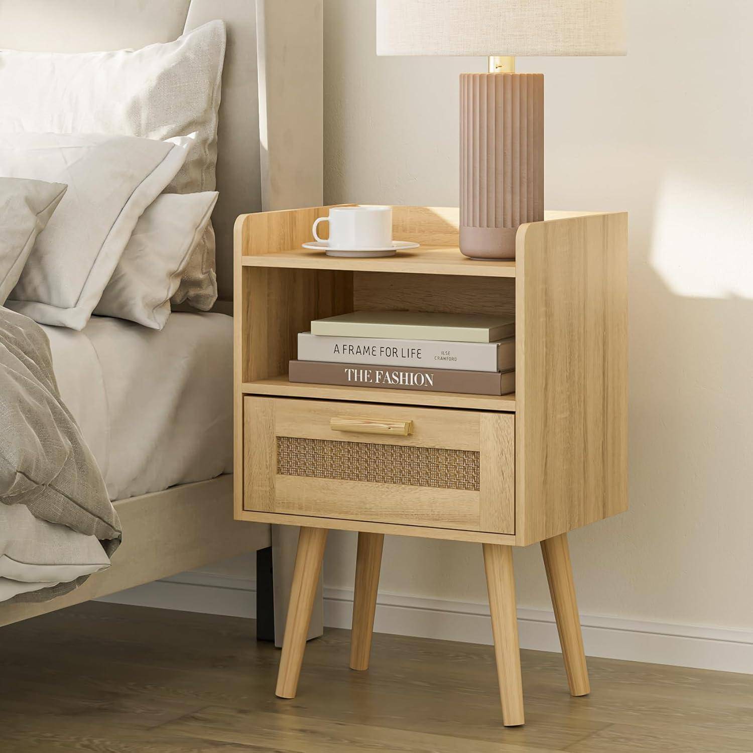 Nachttisch Rattan Beistelltisch Schublade Nachtkommode Holz Beine Schw