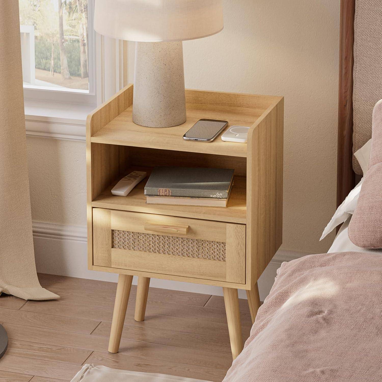 Nachttisch Rattan Beistelltisch Schublade Nachtkommode Holz Beine Schw