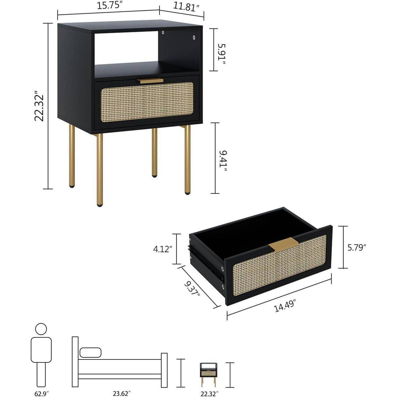Nachttisch Rattan Schwarz Kleiner Beistelltisch Schublade Goldrahmen