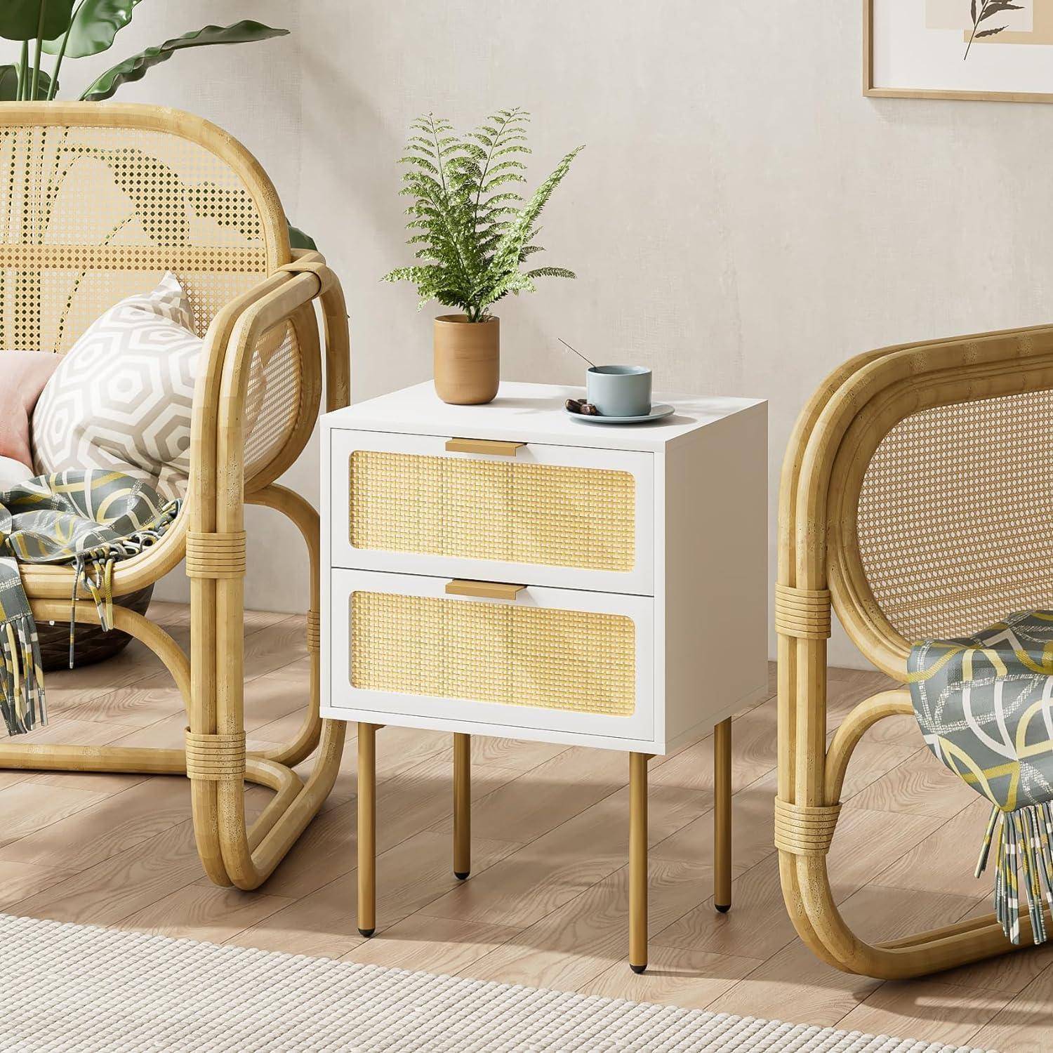 Rattan Nachttisch mit 2 Schubladen, Weiß-Gold, für Schlafzimmer und