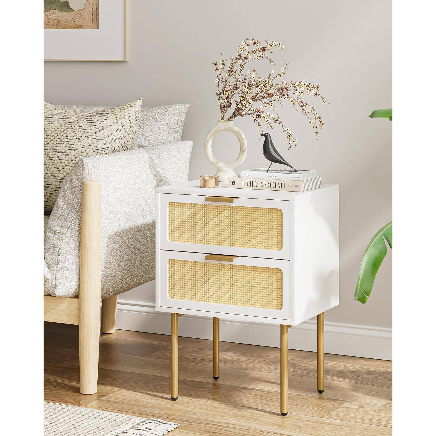 Rattan Nachttisch mit 2 Schubladen, Weiß-Gold, für Schlafzimmer und