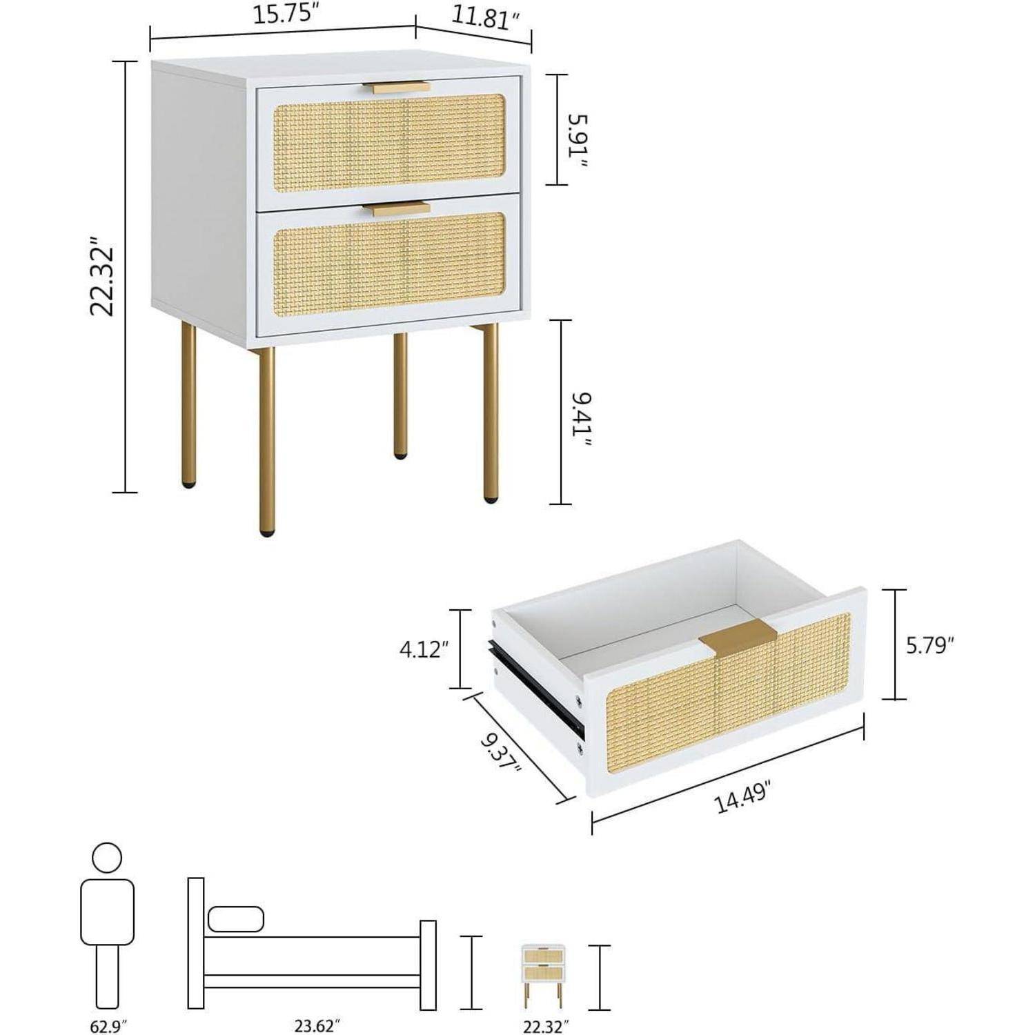 Rattan Nachttisch mit 2 Schubladen, Weiß-Gold, für Schlafzimmer und