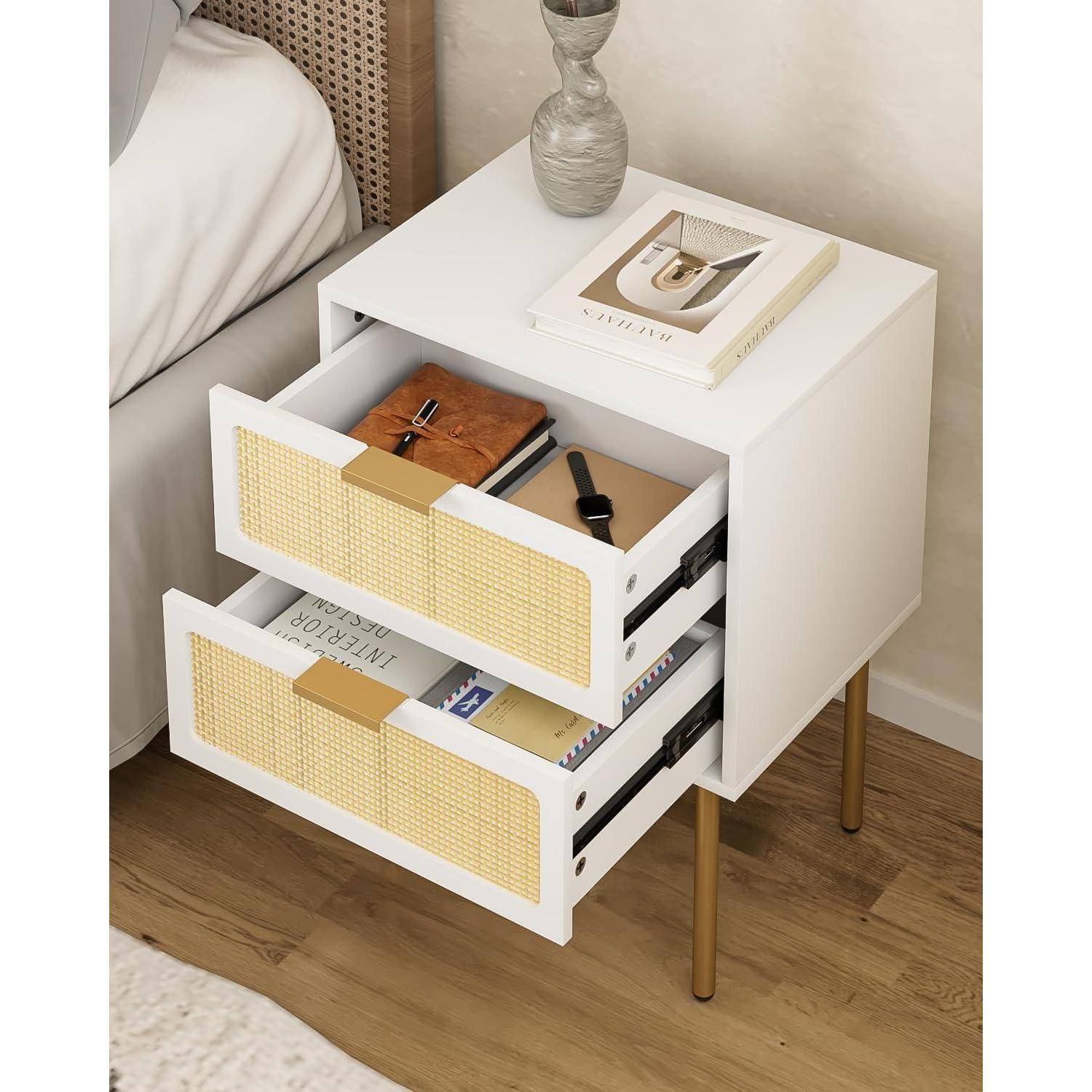 Rattan Nachttisch mit 2 Schubladen, Weiß-Gold, für Schlafzimmer und