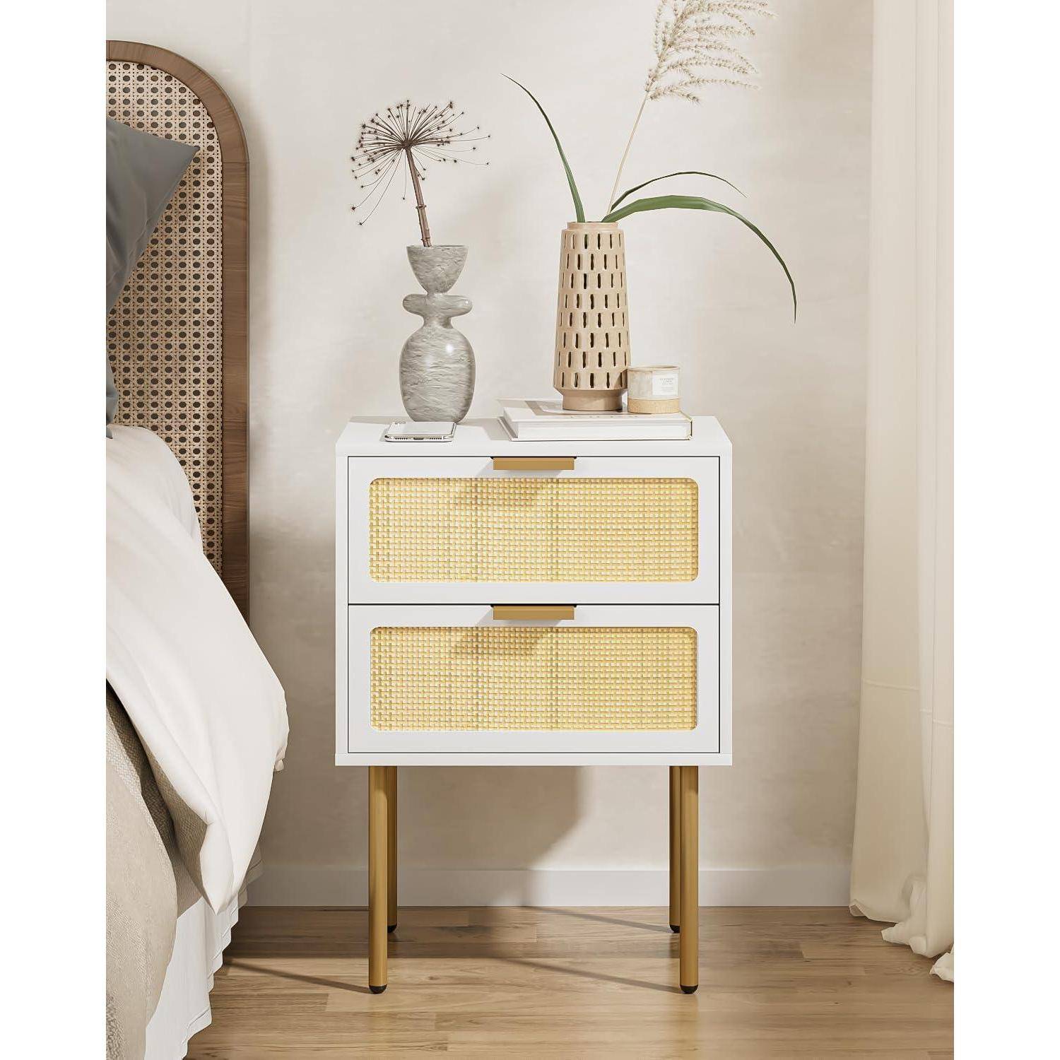 Rattan Nachttisch mit 2 Schubladen, Weiß-Gold, für Schlafzimmer und