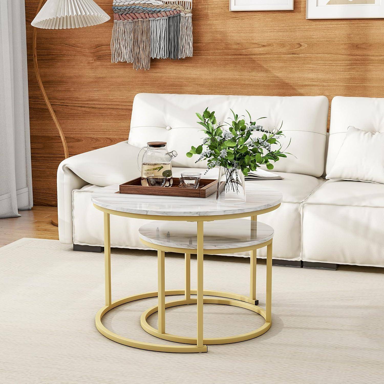 Runder Couchtisch 2er-Set Holz Stauraum Metallrahmen