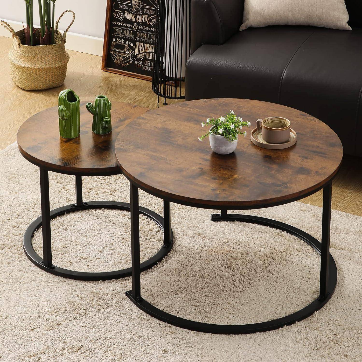 Runder Couchtisch Satztisch Holz Metallgestell Modern Braun