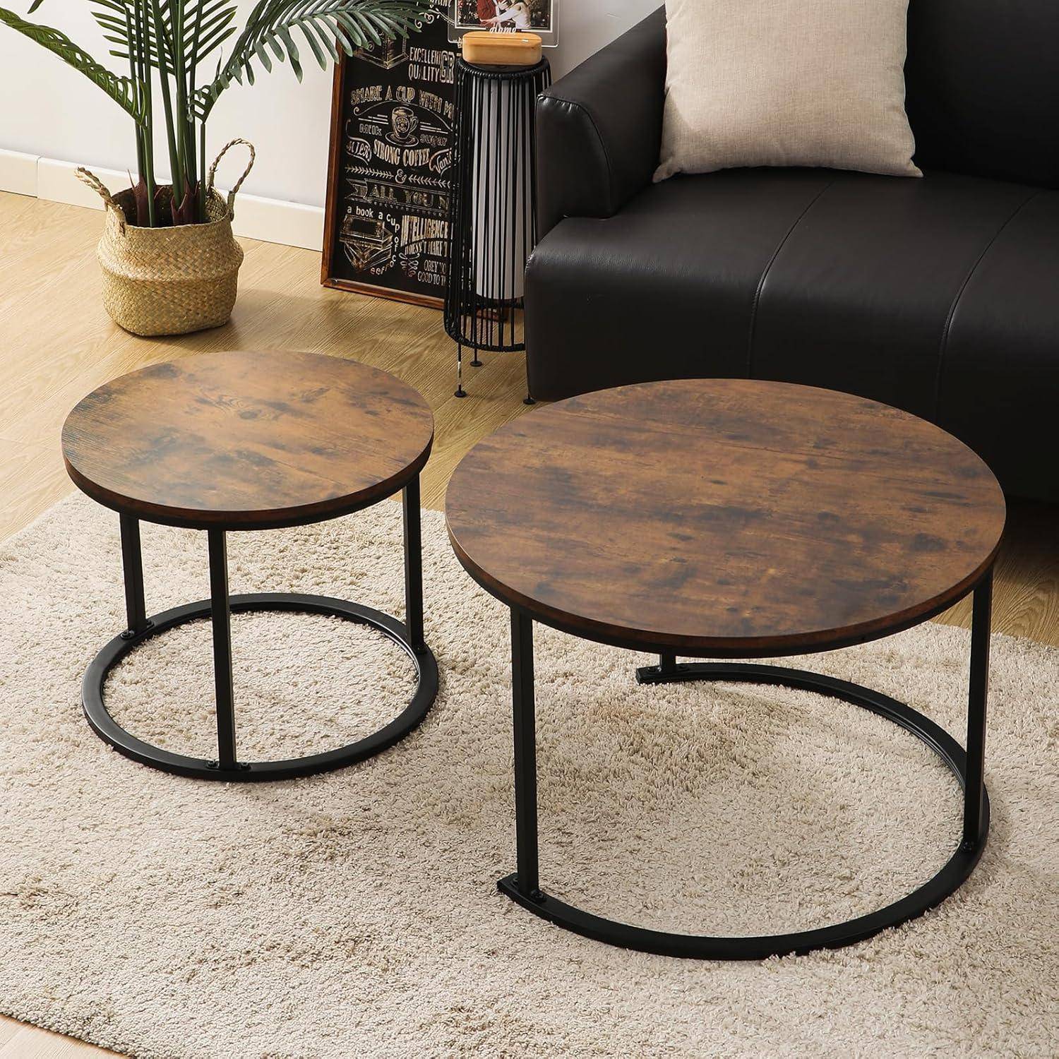 Runder Couchtisch Satztisch Holz Metallgestell Modern Braun