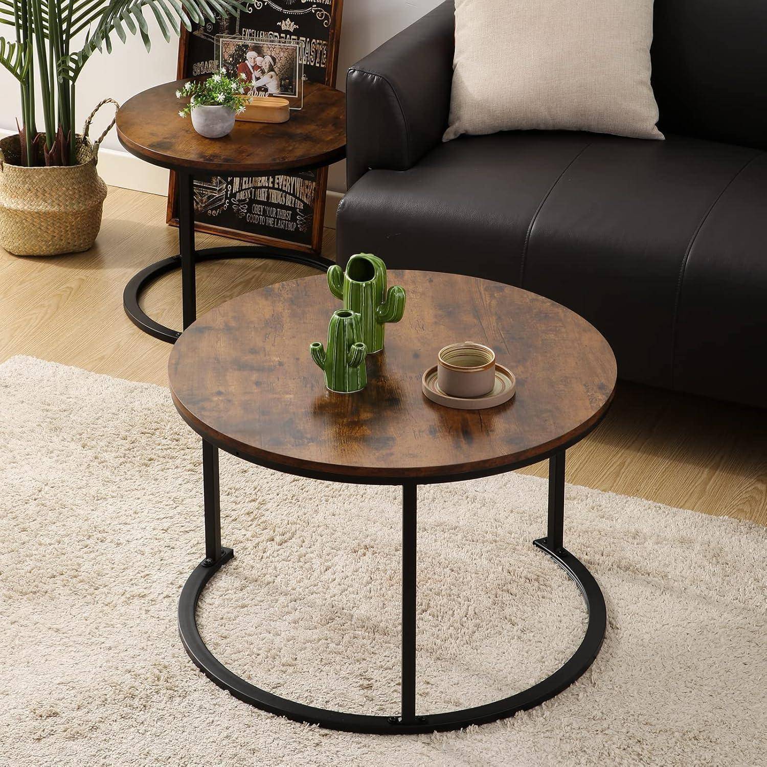 Runder Couchtisch Satztisch Holz Metallgestell Modern Braun