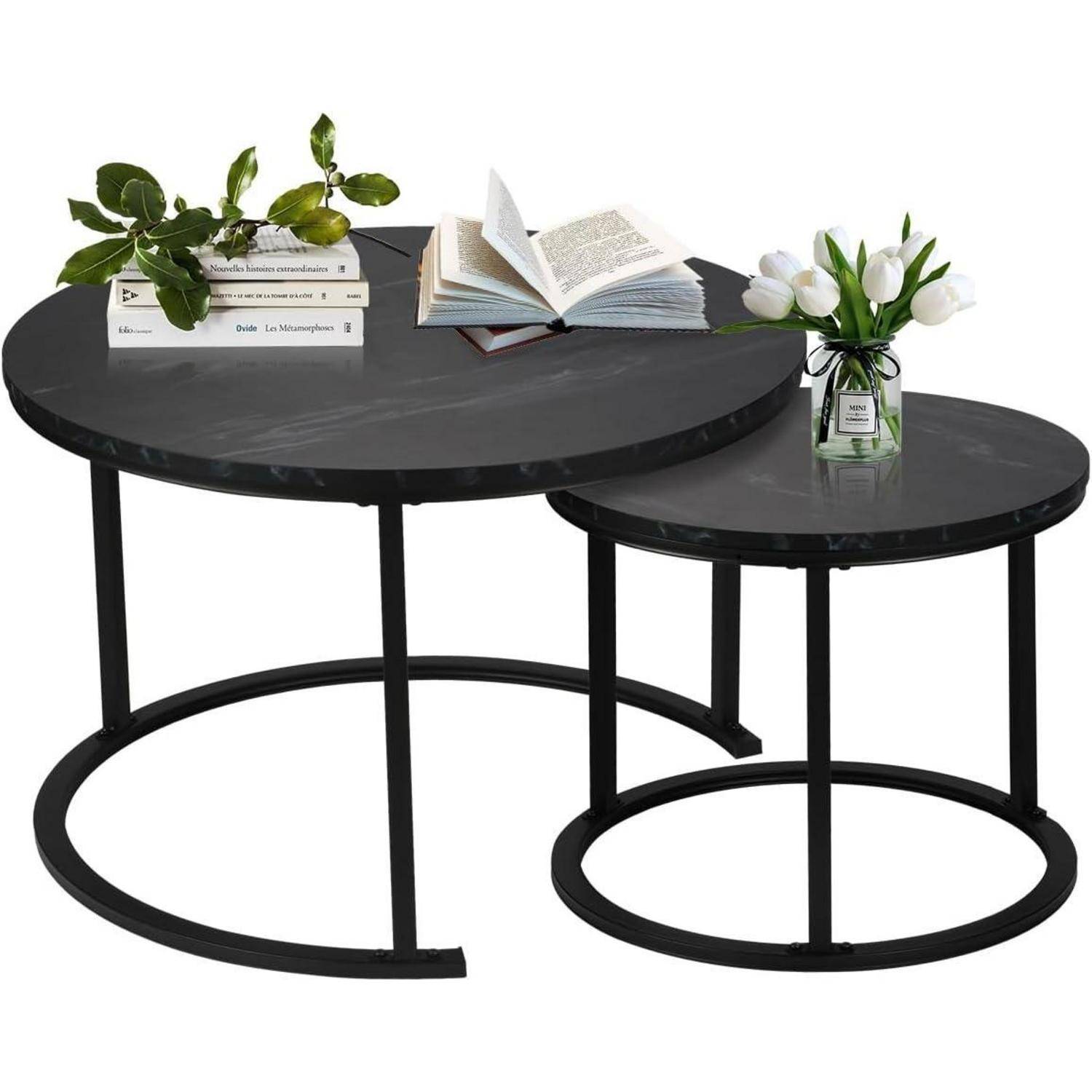 Modern Runder Couchtisch 2er Set Metall Marmoroptik Wohnzimmer Büro