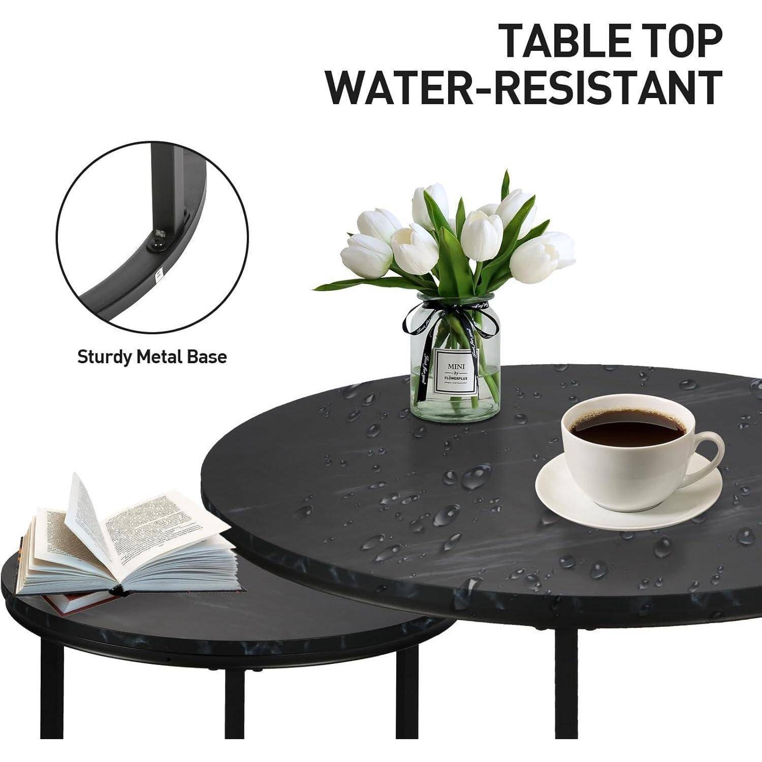 Modern Runder Couchtisch 2er Set Metall Marmoroptik Wohnzimmer Büro