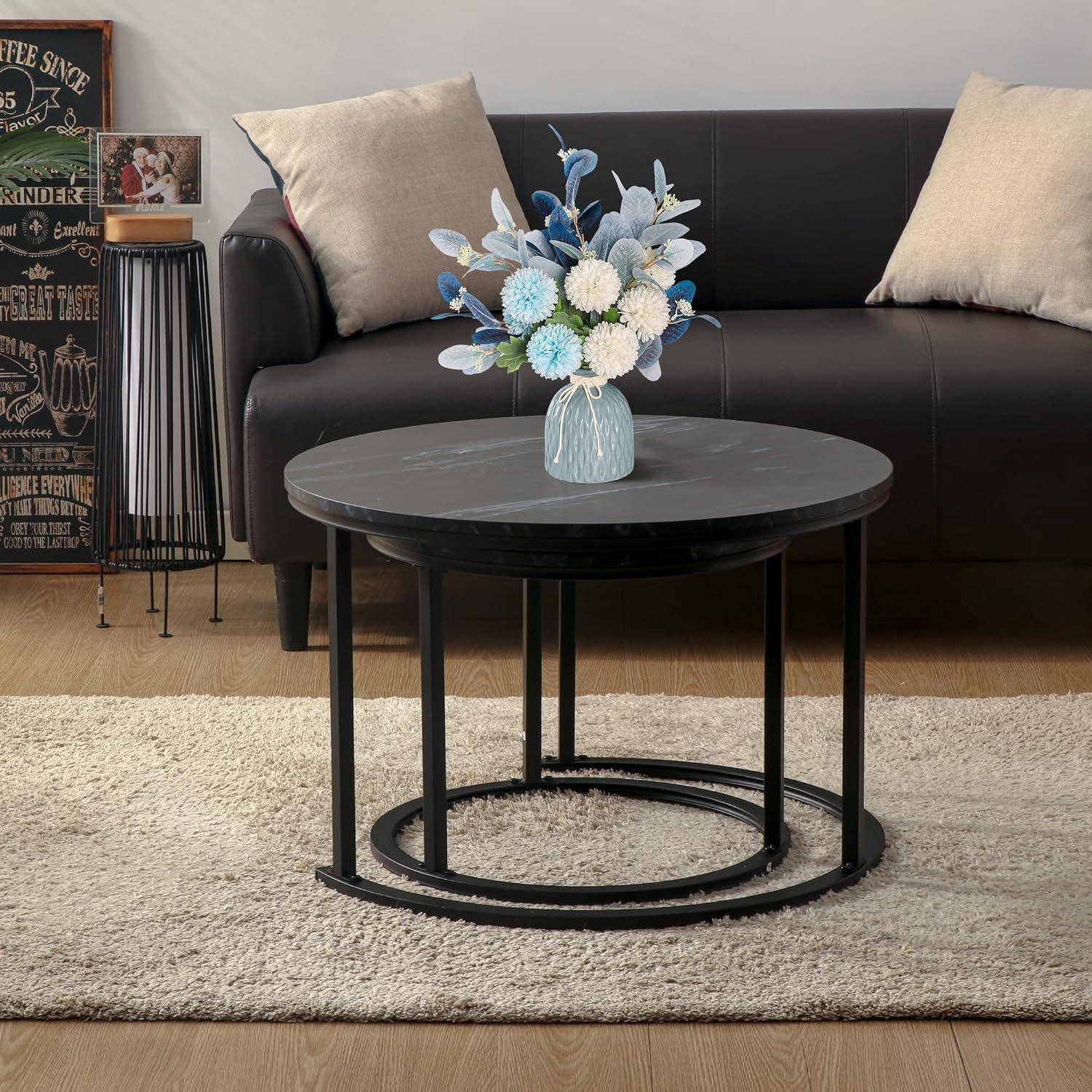 Modern Runder Couchtisch 2er Set Metall Marmoroptik Wohnzimmer Büro
