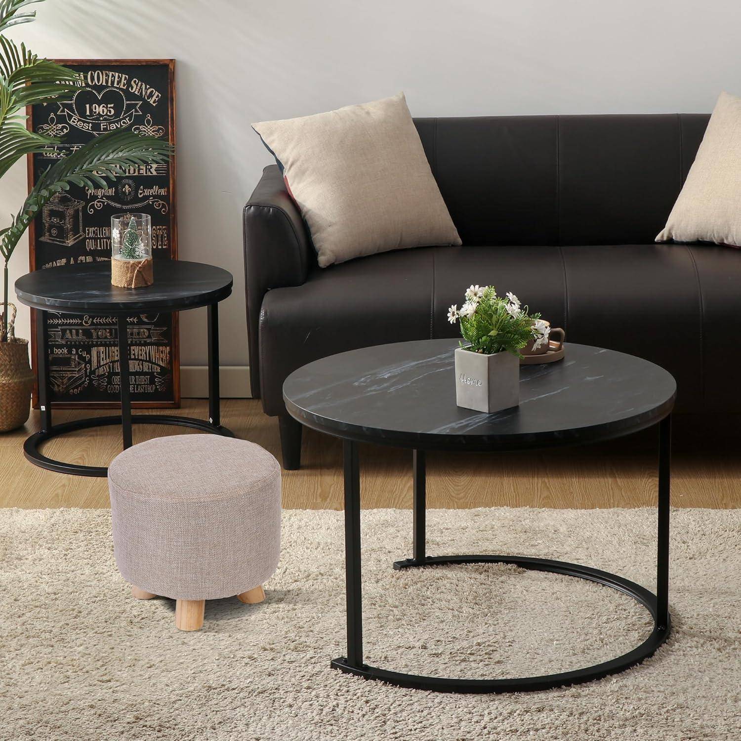 Modern Runder Couchtisch 2er Set Metall Marmoroptik Wohnzimmer Büro
