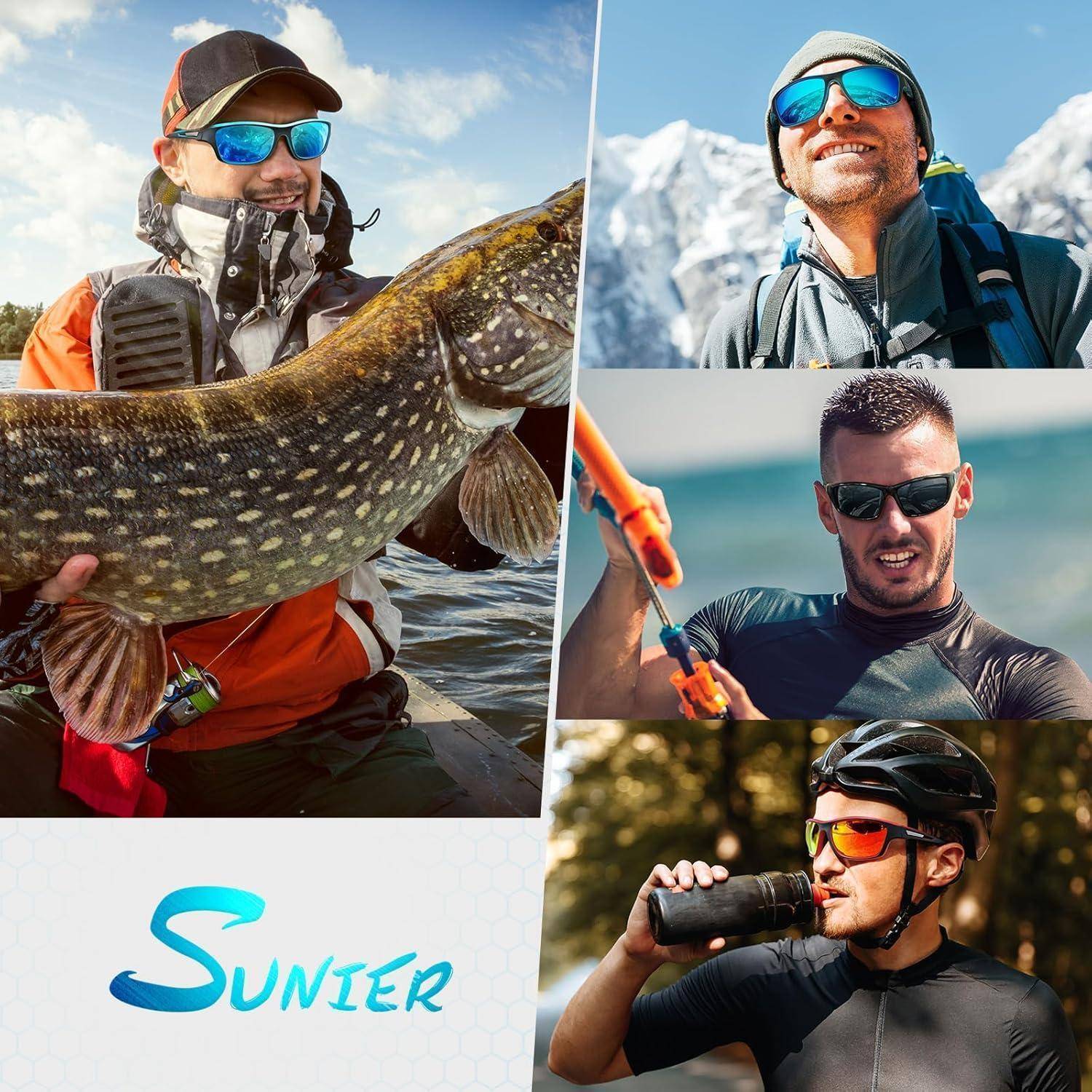 Eine Collage von vier Männern, die Outdoor-Aktivitäten genießen: Angeln, Wandern und Radfahren. Das Bild unten links enthält das Wort 'Sunier.
