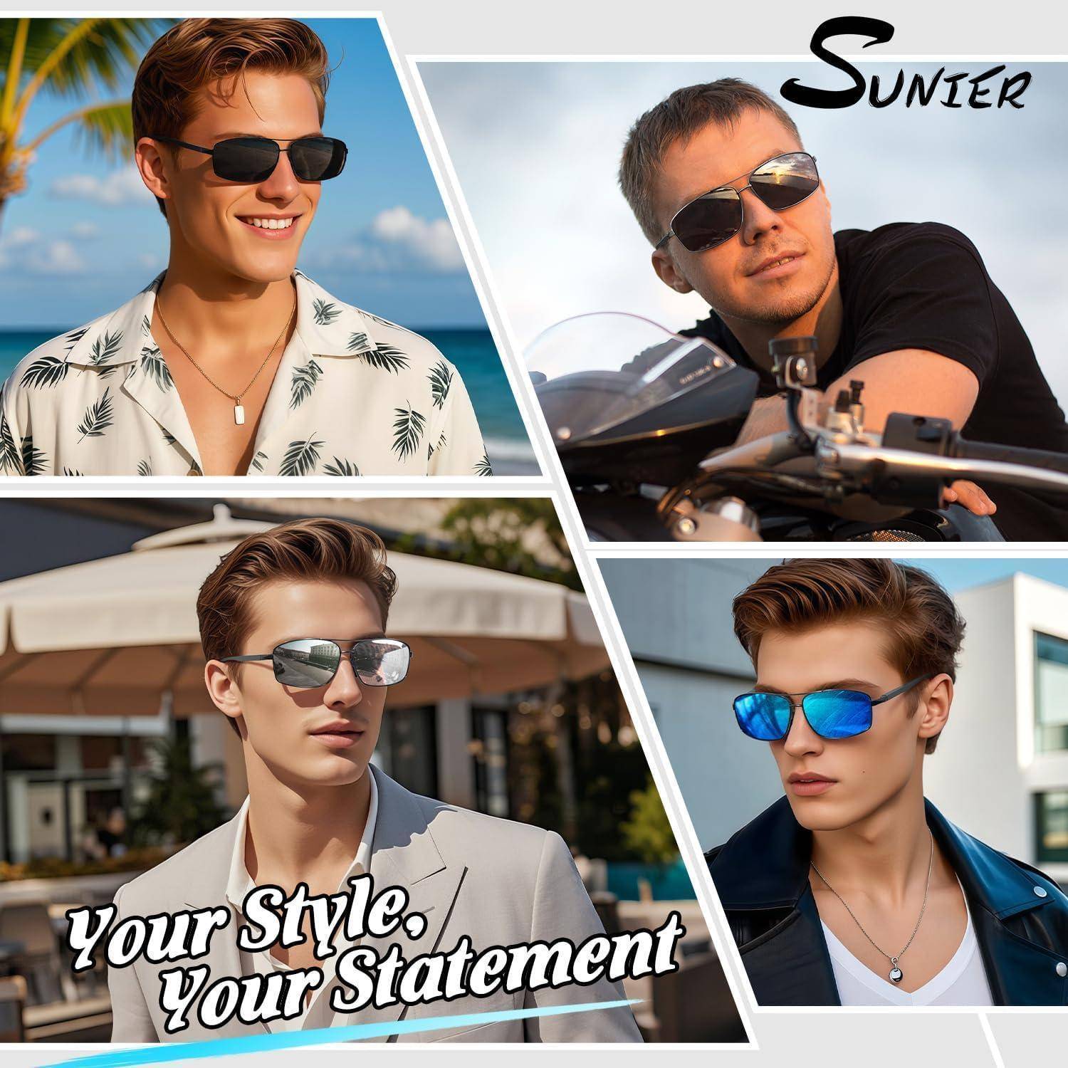 Vier Männer mit unterschiedlichen Sonnenbrillen in einer Collage, jeder in einem stilvollen Outfit. Text lautet: 'Dein Stil, Deine Aussage'.
