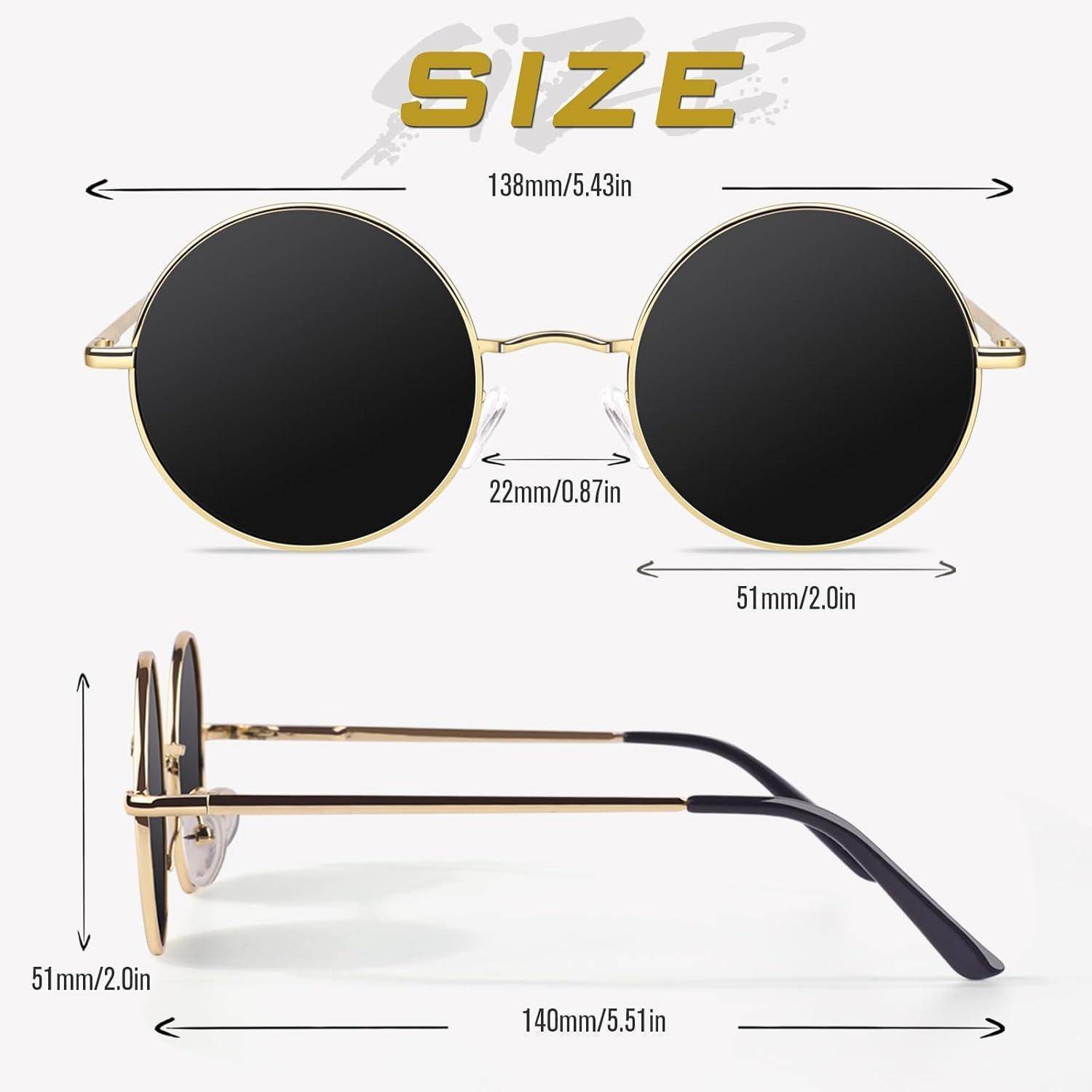 Runde Sonnenbrille Maße: 138mm Breite, 22mm Linsenhöhe, 51mm Stegbreite, 51mm Höhe von Linsenoberkante bis Linsenunterkante, 140mm Armlänge.