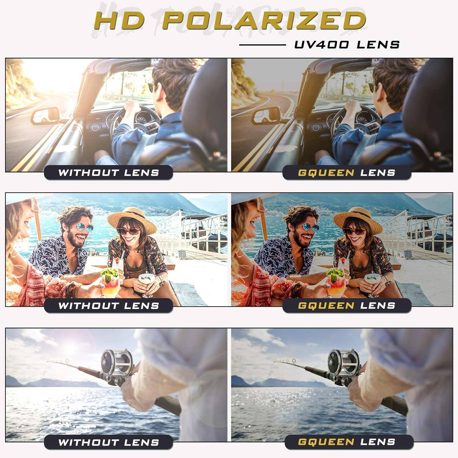 Vergleich der Ansichten mit und ohne einer 'GQueen' HD-polarisierten UV400-Linse, die klarere, lebendigere Bilder an einem sonnigen Tag zeigt.