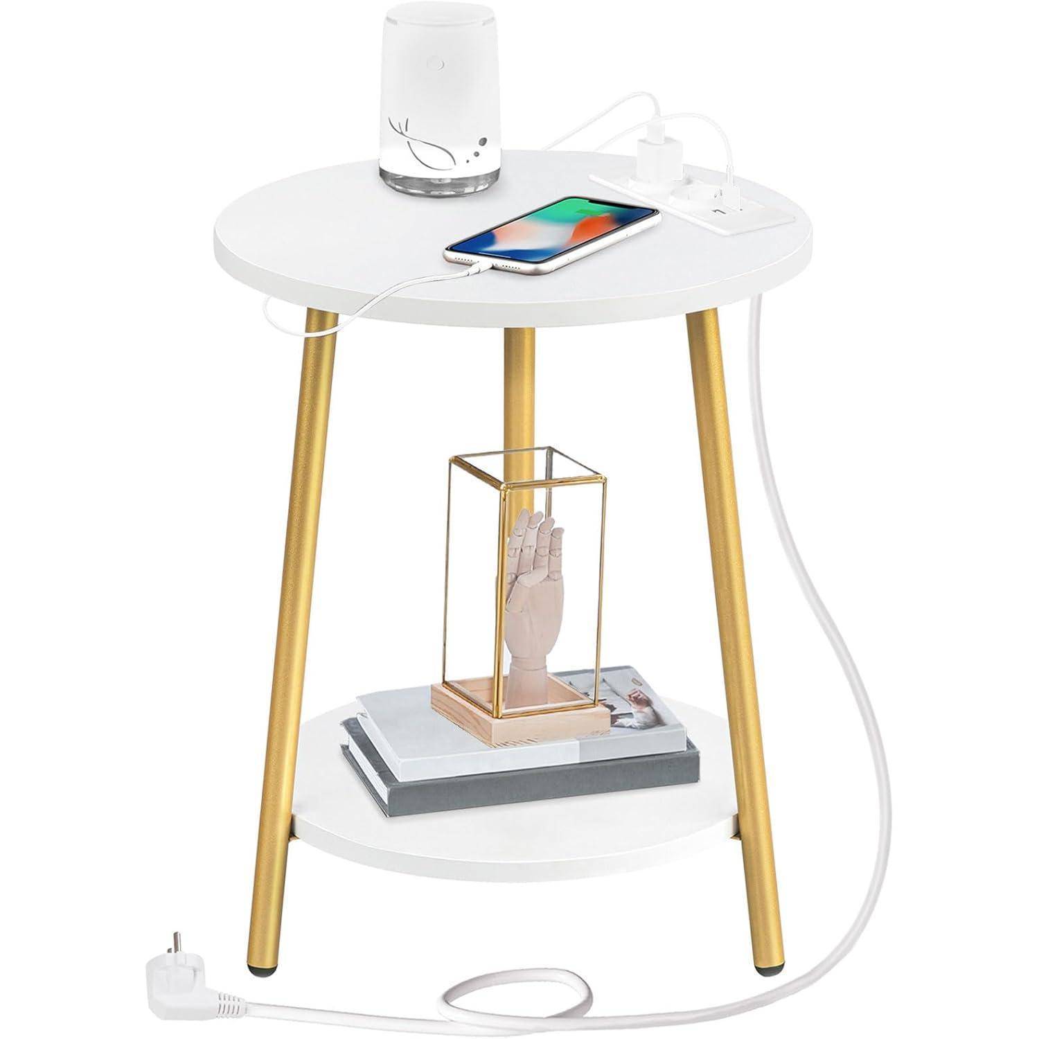 Beistelltisch mit Ladestation runder Couchtisch 2 Ebenen