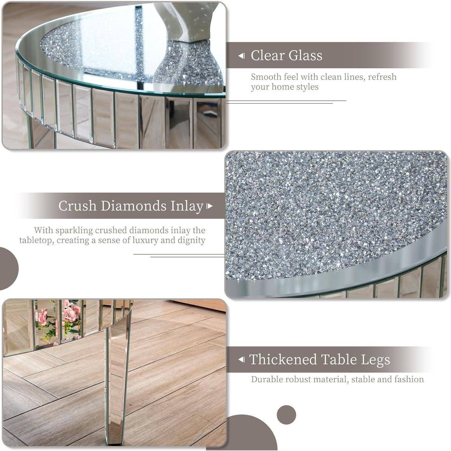 Couchtisch Rund Glas Kristall Silber Diamant Beistelltisch 80cm
