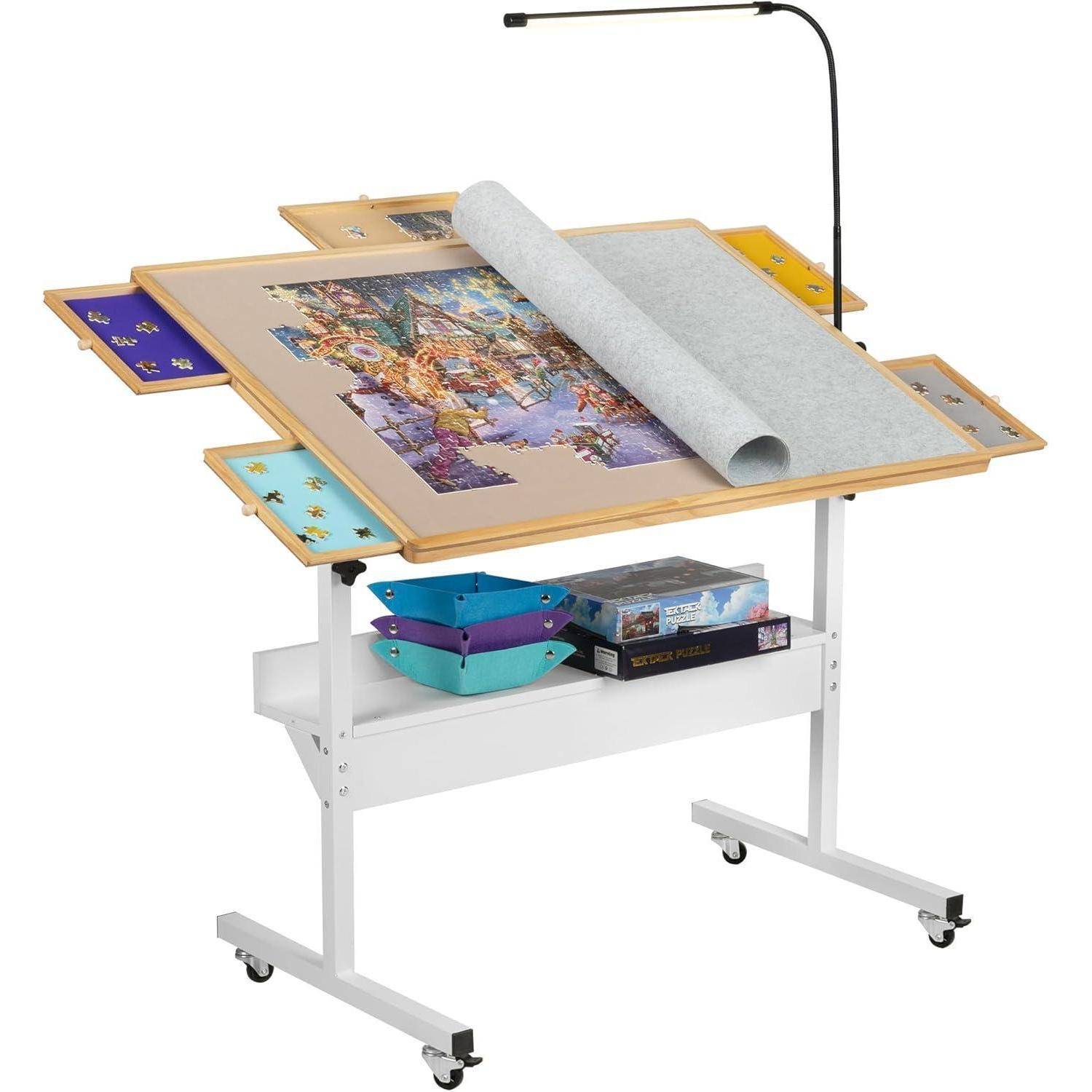 Puzzletisch mit LED-Licht und Höhenverstellung, Holzplateau, 5