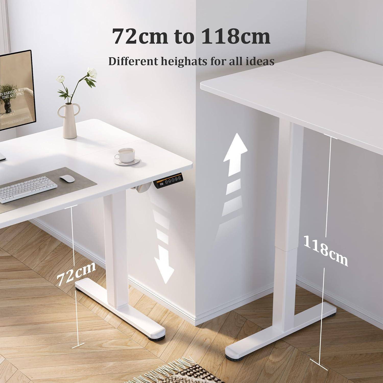 Höhenverstellbare Schreibtischdemo von 72 cm bis 118 cm für verschiedene Bedürfnisse. Bilder zeigen den Schreibtisch in niedrigen und hohen Einstellungen.