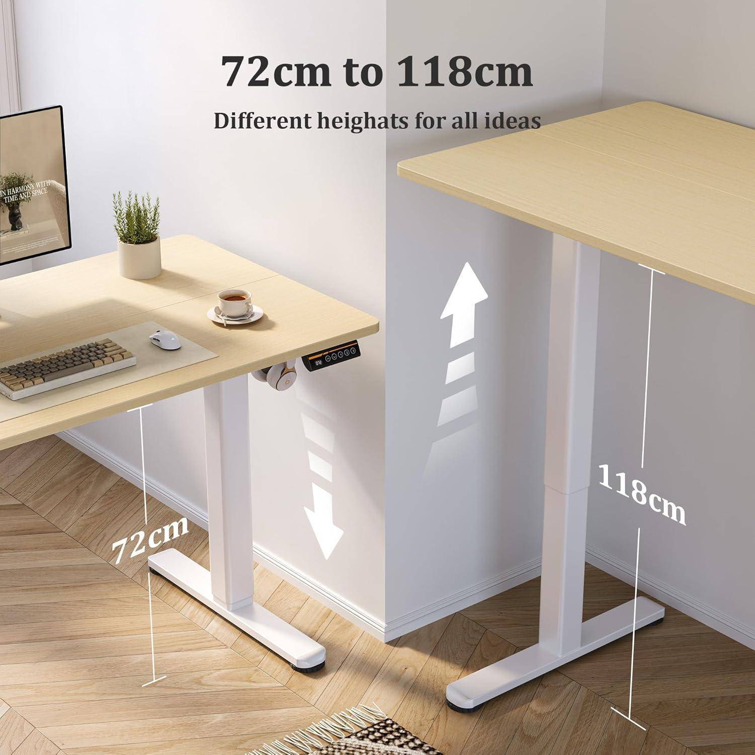 Höhenverstellbarer Schreibtisch mit einem Verstellbereich von 72 cm bis 118 cm, der Vielseitigkeit für verschiedene Aufgaben bietet. Eine Seite ist abgesenkt, während die andere angehoben ist.