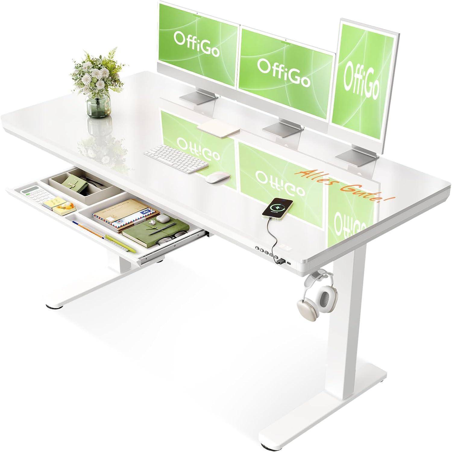 Schreibtisch höhenverstellbar elektrisch Glas USB 140 x 60 cm Weiß