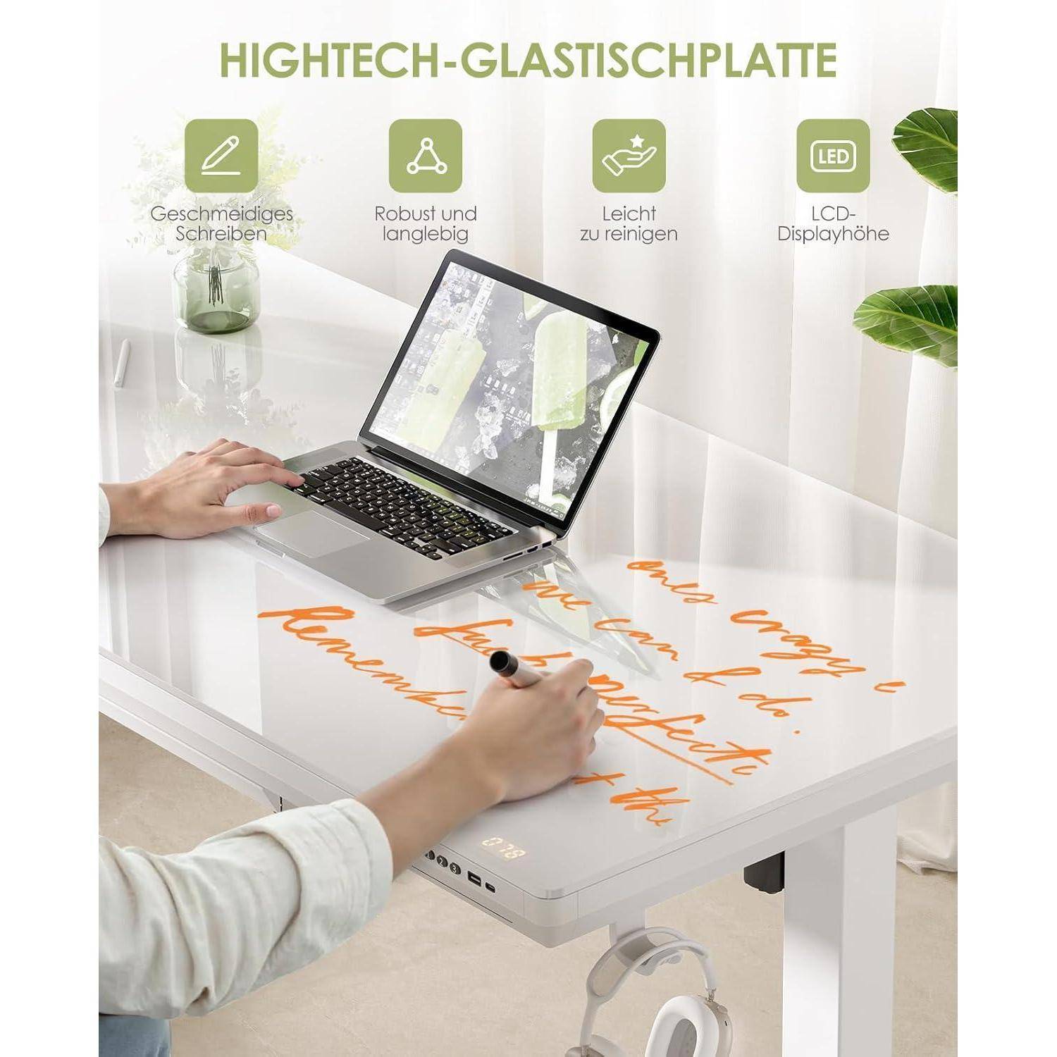 Schreibtisch höhenverstellbar elektrisch Glas USB 140 x 60 cm Weiß