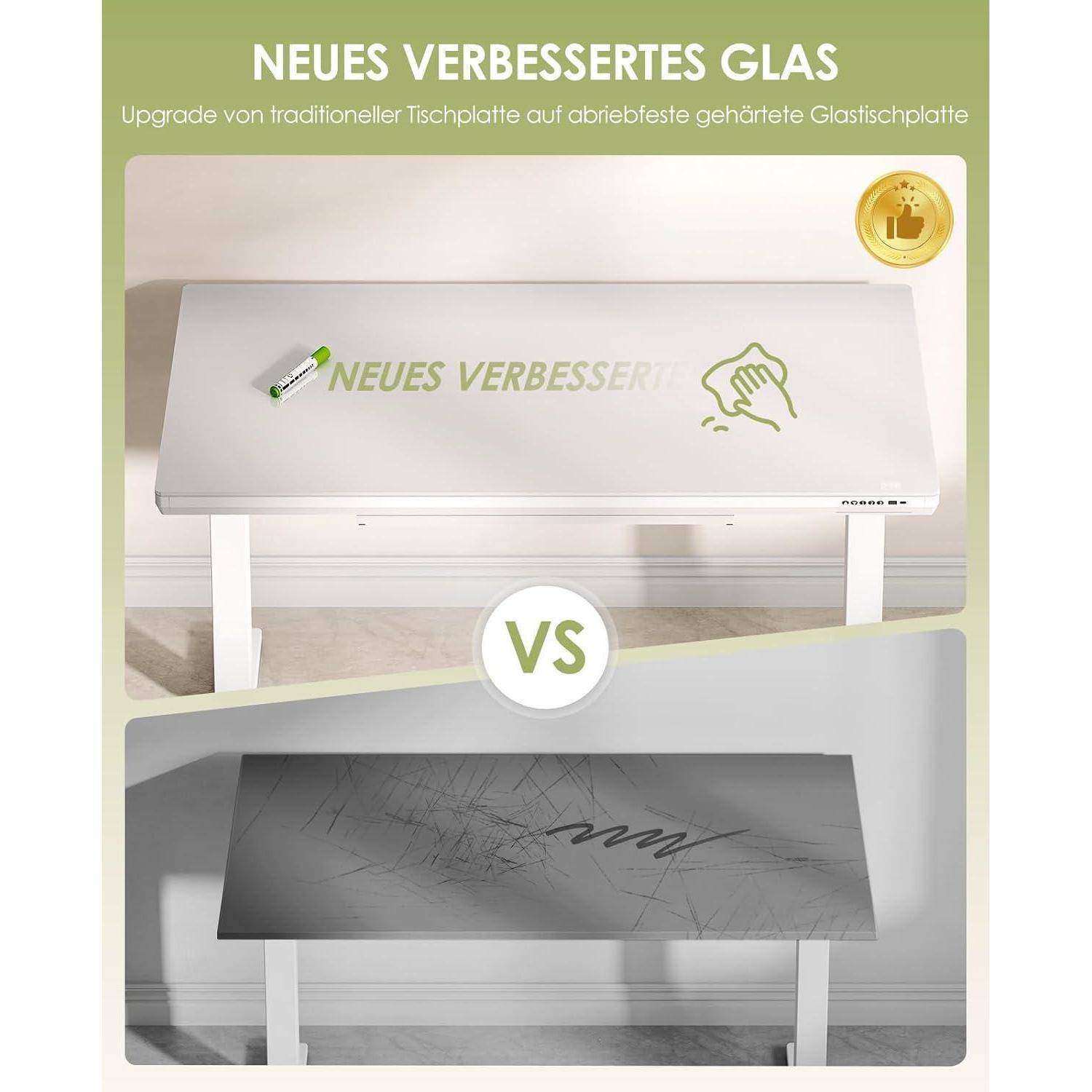 Schreibtisch höhenverstellbar elektrisch Glas USB 140 x 60 cm Weiß