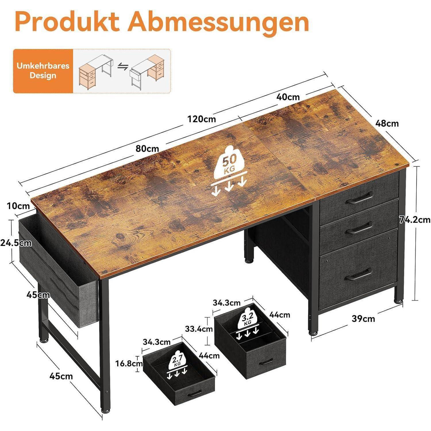 Schreibtisch mit 3 Stoffschubladen und Aufbewahrungstasche 120x48cm
