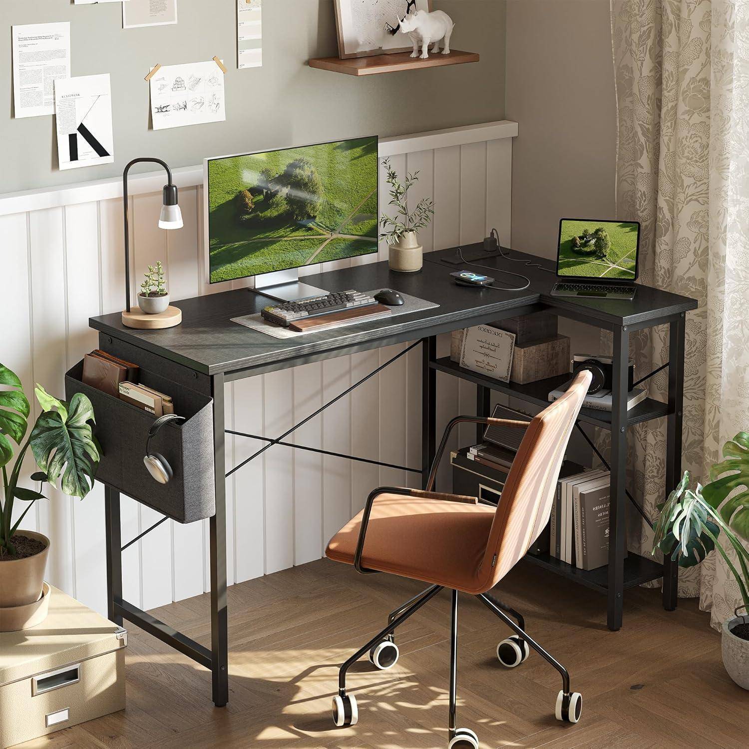 Schreibtisch L Eck Gaming 100 x 70 cm Schwarz Steckdosenleiste